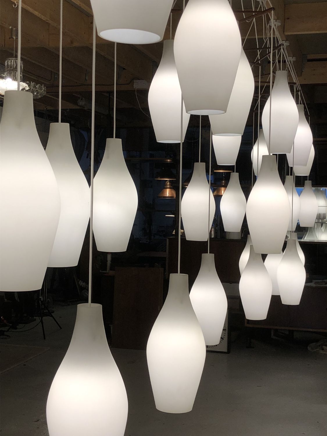 10800.0 30 Large Midcentury Glass Bowling Pin Lights Set Of 10 Scandinavian Teak Cascade Chandelier Pendants 1960s photo