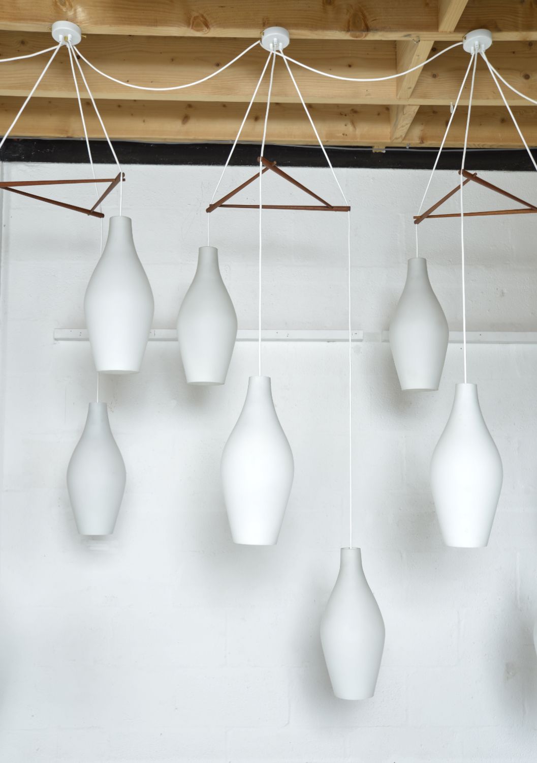 photo furniture 30 Large Midcentury Glass Bowling Pin Lights Set Of 10 Scandinavian Teak Cascade Chandelier Pendants 1960s