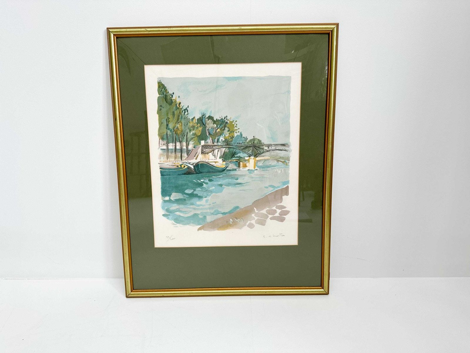 Limited Edition Lithograph 73/150, Framed, Signed & Numbered   Gilbert Martin "River Barges"