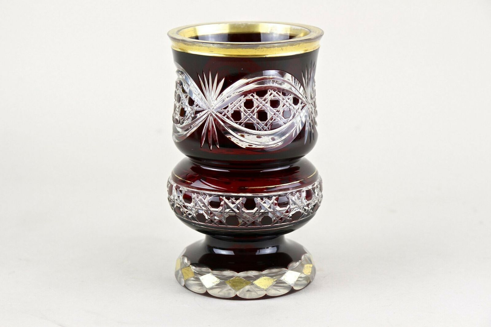 photo for sale 19th Century Biedermeier Ruby Red Overlay Glass Goblet, Gilt Parts, Cz Ca. 1840