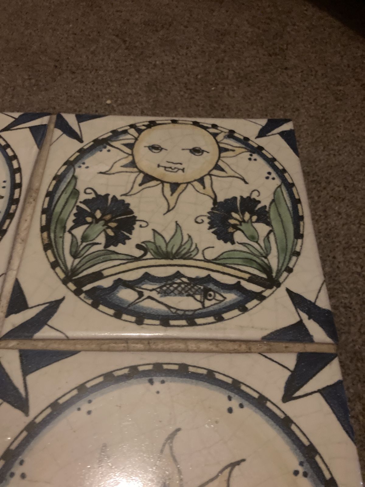 Set Of 4  Arts And Crafts Style Decorative Sun And Moon Cosmos Tiles photo for sale