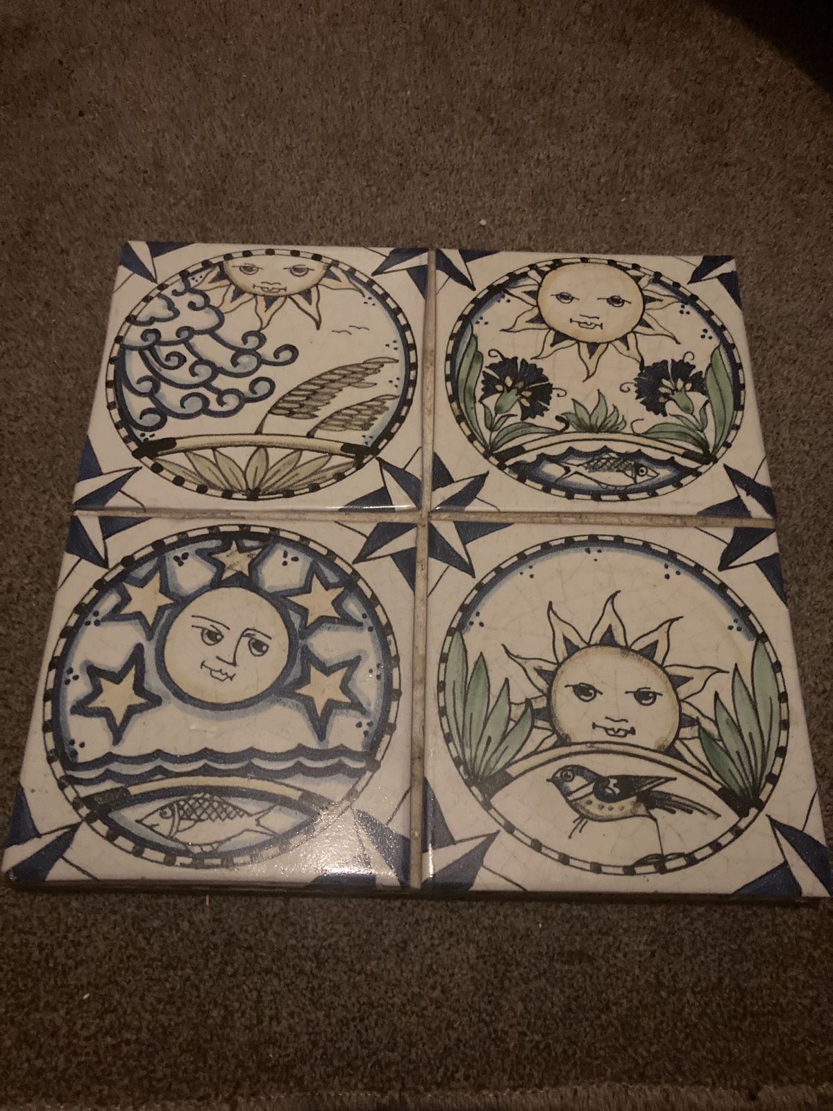 Set Of 4  Arts And Crafts Style Decorative Sun And Moon Cosmos Tiles