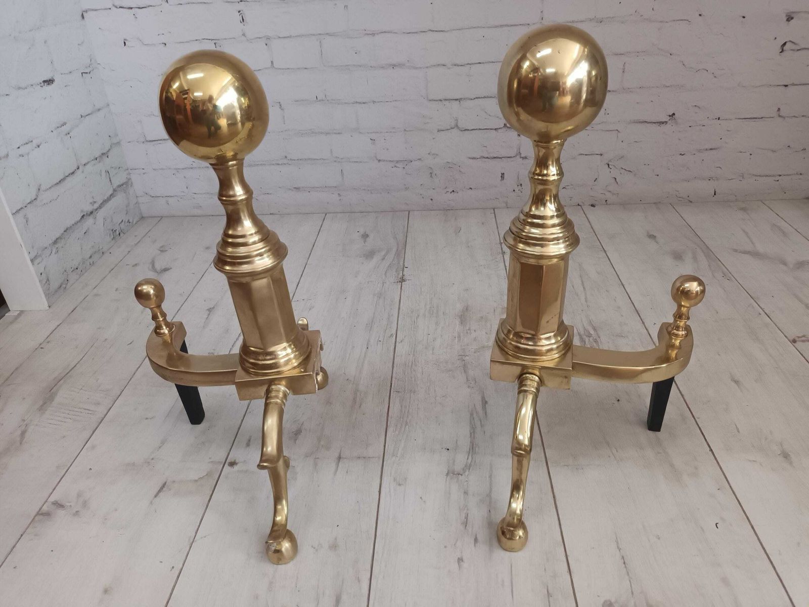 Antique Victorian Solid Brass Pair Fire Dogs Andiron Very Large Ball Top Chenets Rare photo for sale