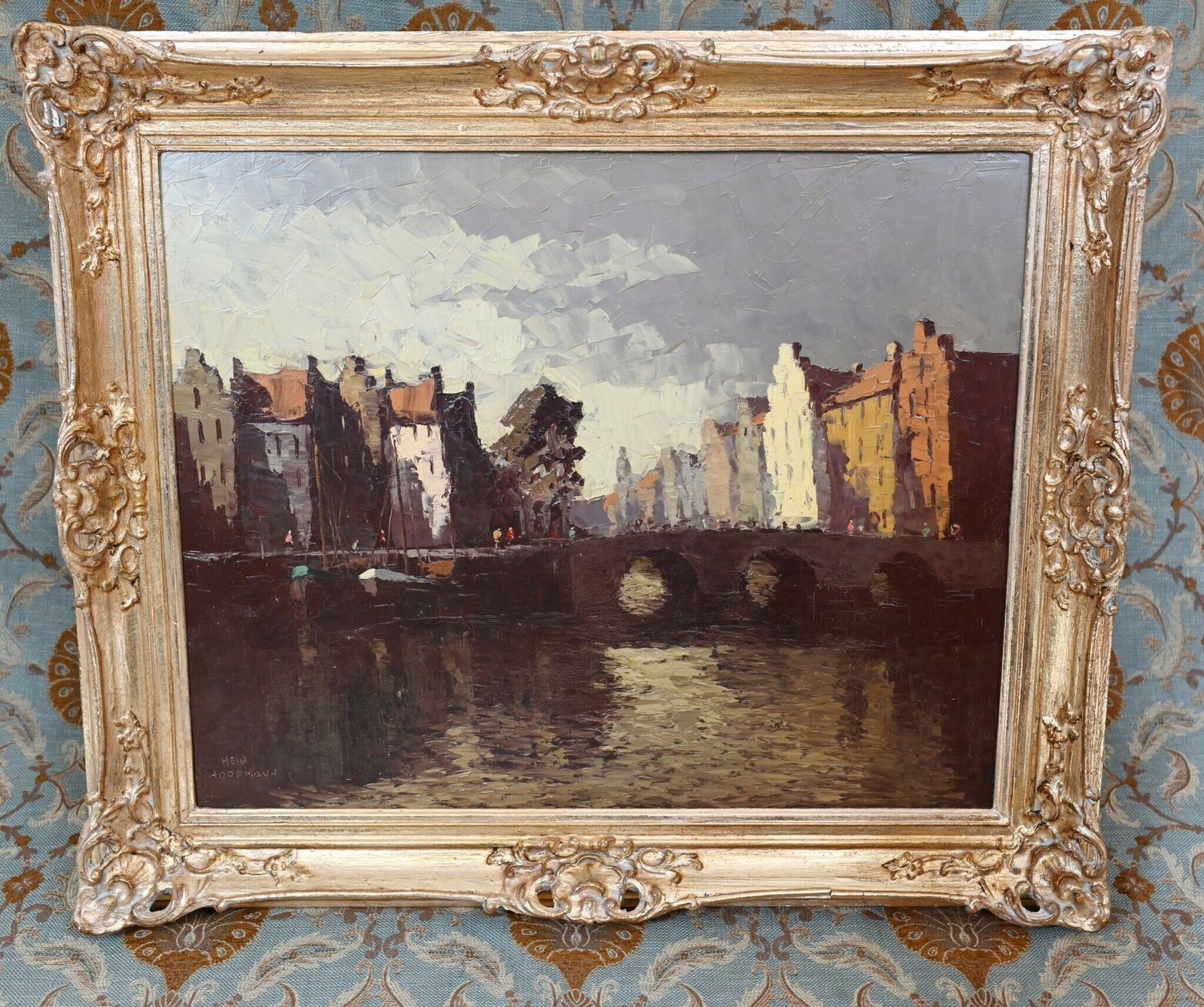 German Expressionist Oil Painting Canal Scene After Hein Hoppmann