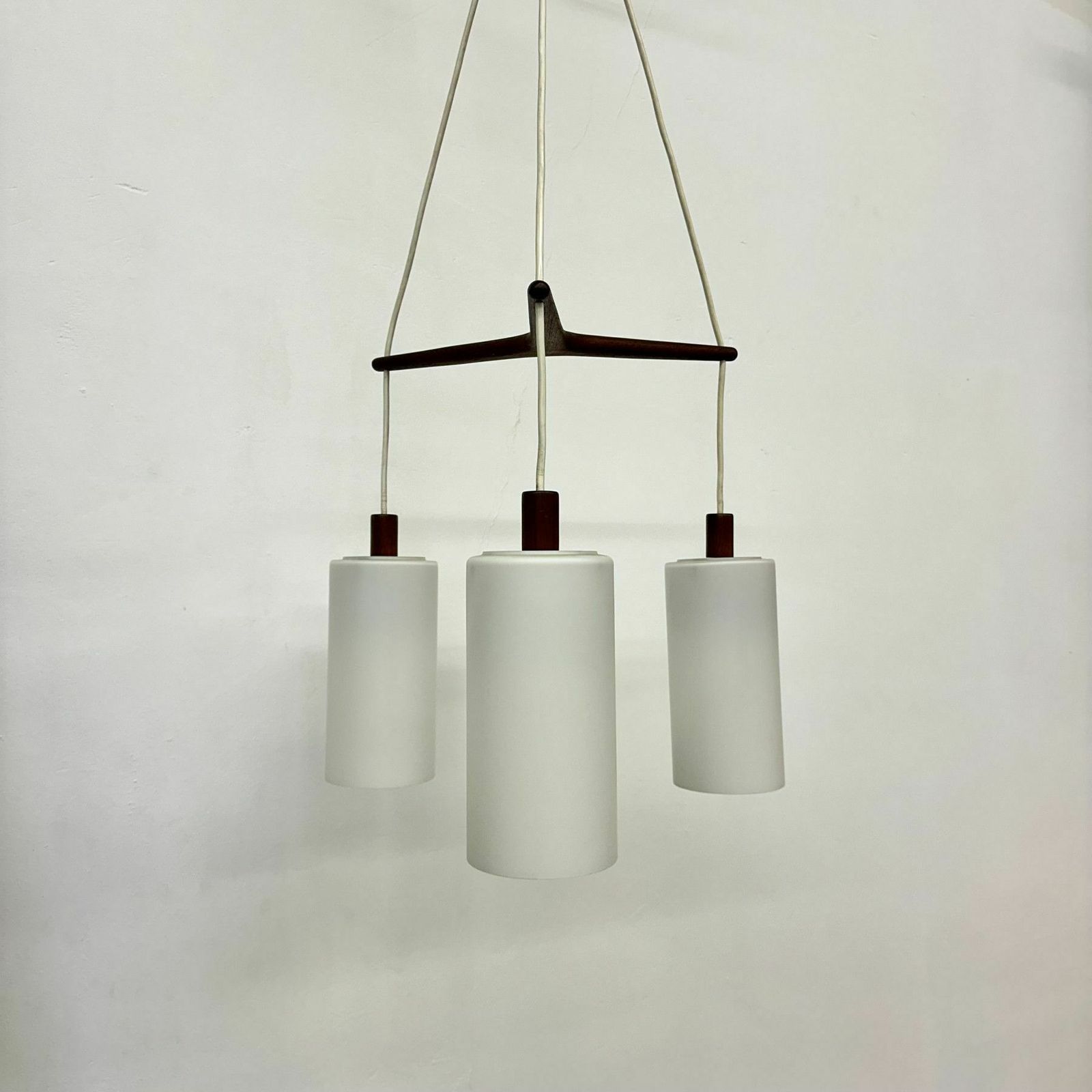 photo buy Mid Century Design Pendant Lamp Teak And Opaline Glass , 1970s