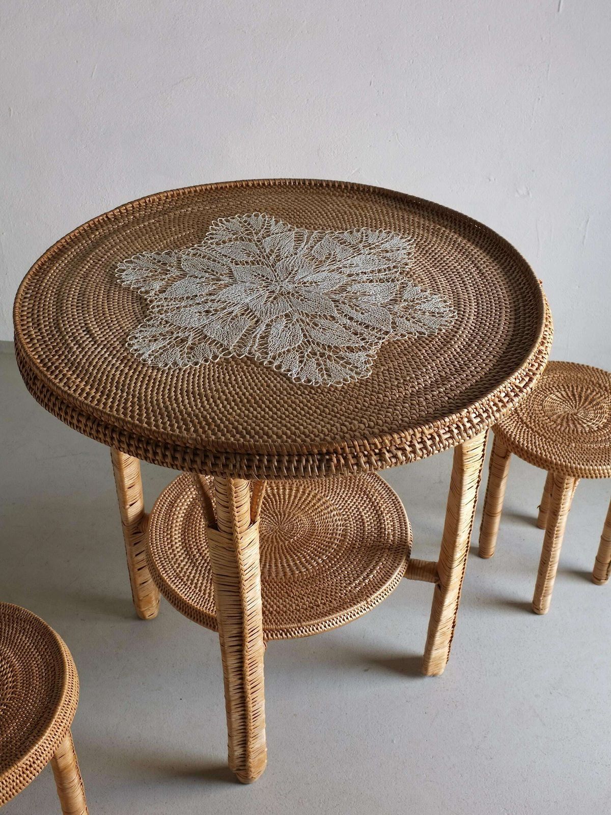 Vintage Woven Wicker Table Set | Patio Garden | 1980s photo for sale
