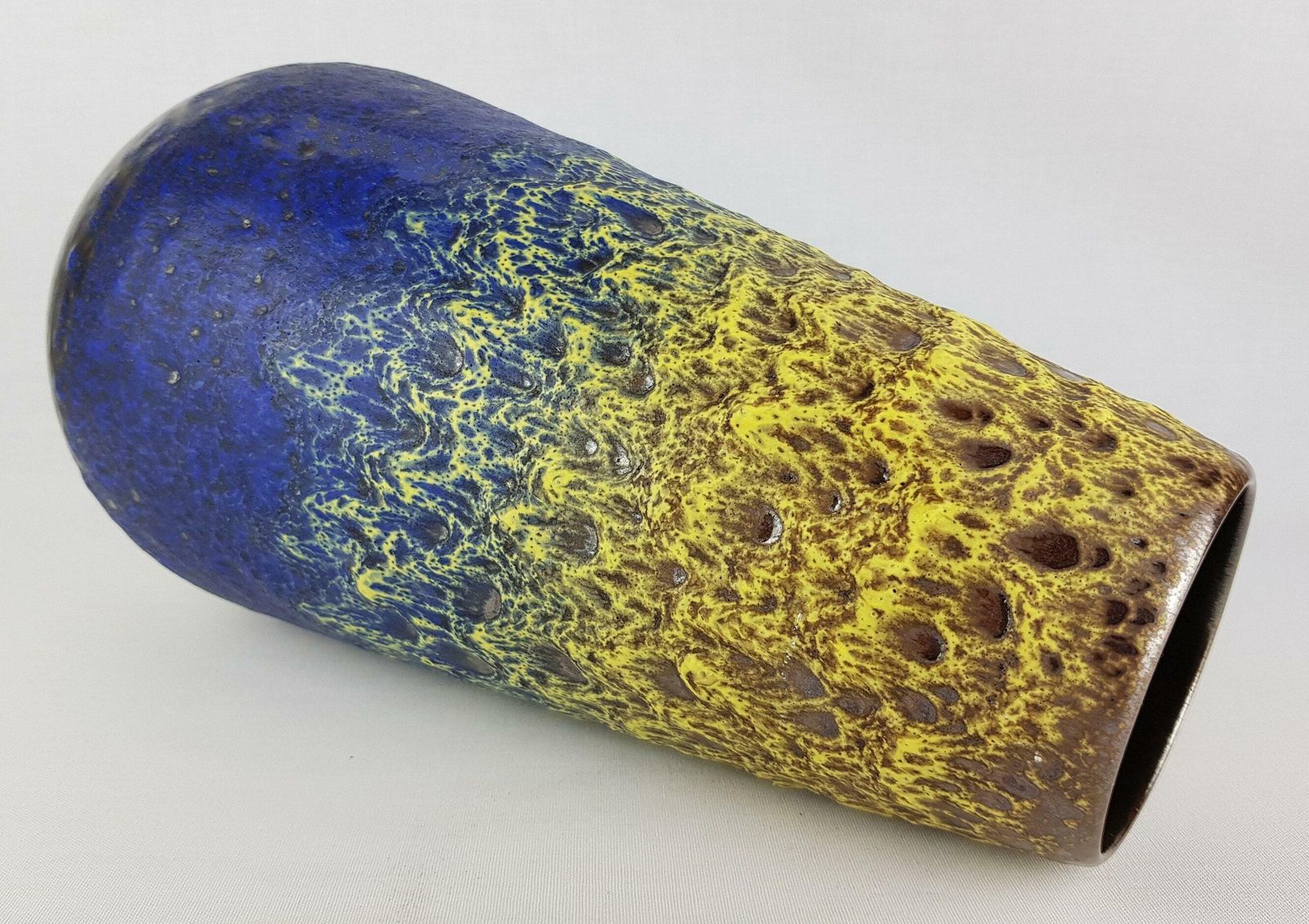 Large Vintage Steuler Keramik Blue Vase With Yellow Fat Lava Glaze 4373/3 West German Pottery 1960s photo Home Decor