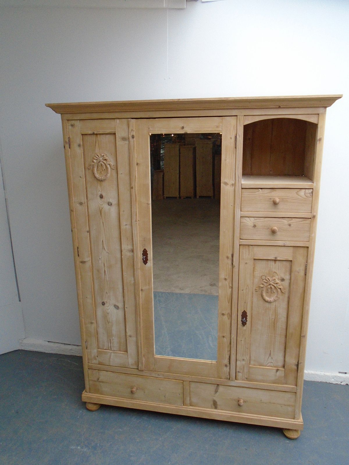 A Large 1 Piece Mirrored Antique Pine Hall Wardrobe To Wax / Paint photo vintage