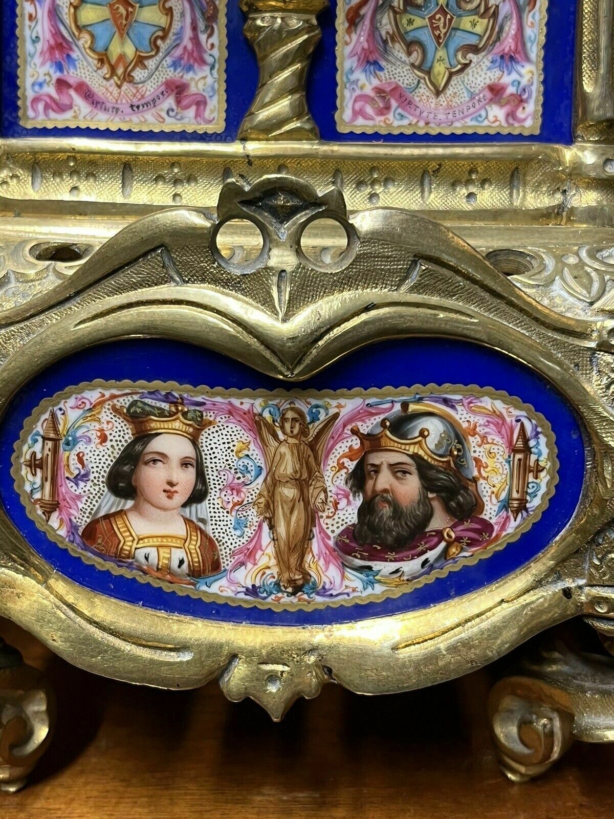 Victorian Brass Clock Under Glass Done, Porcelain Painted Panels Of Royalty photo for sale