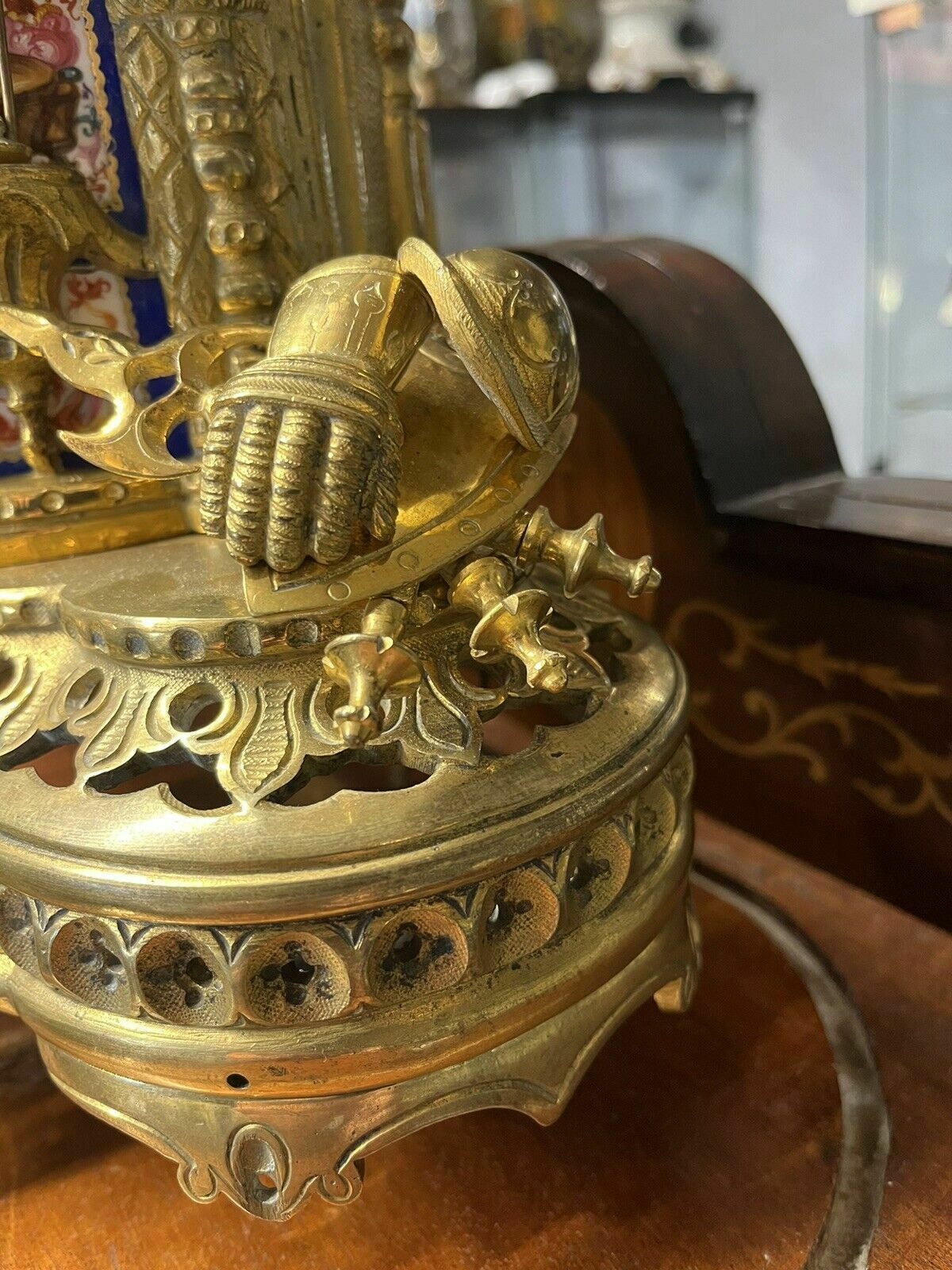 photo for sale Victorian Brass Clock Under Glass Done, Porcelain Painted Panels Of Royalty