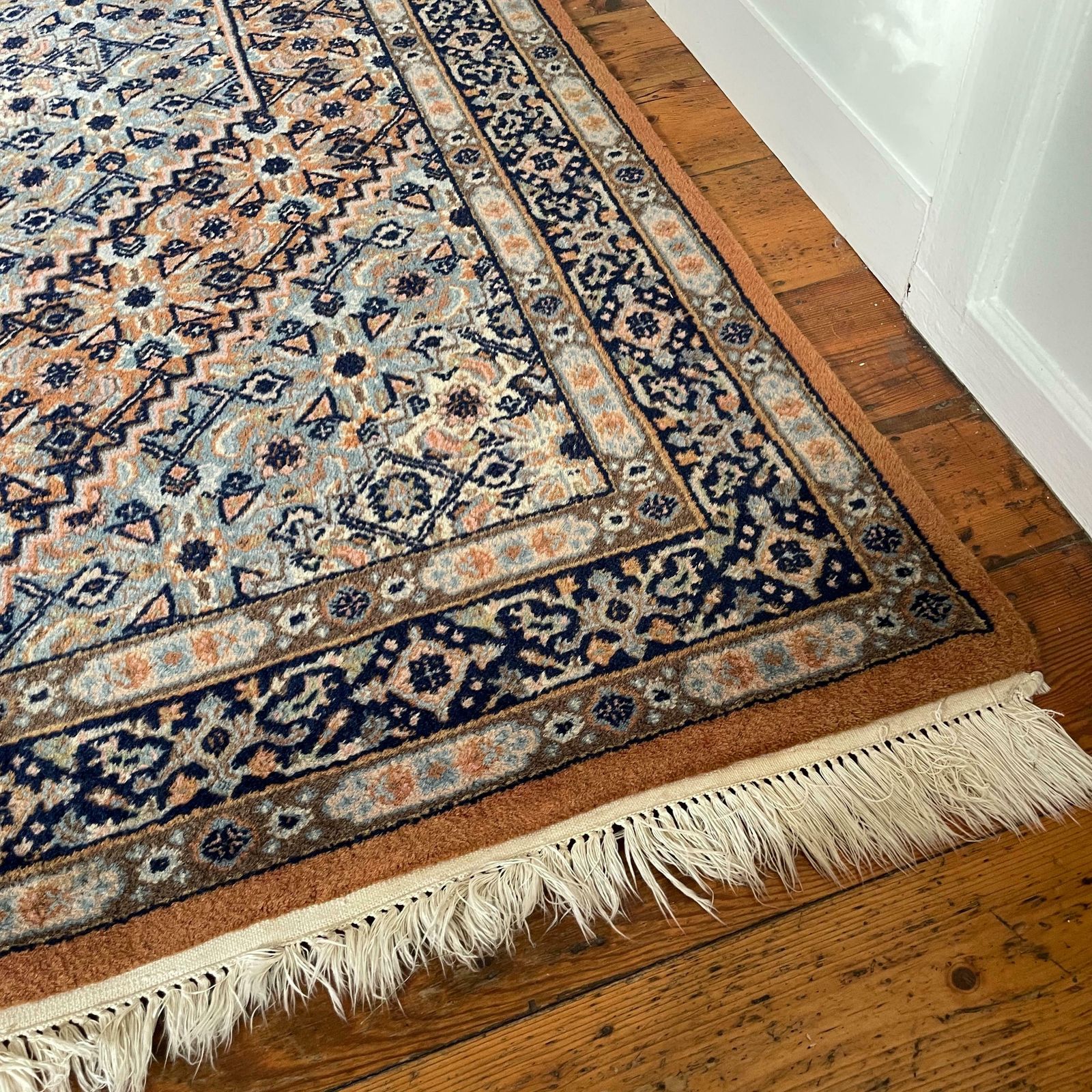 Antique Woven Rug Carpet Mat Handmade Rectangle Wool Vintage Textile Patterned Pattern Tassels Cottage 124x199cm Blue Burnt Orange photo vinterior