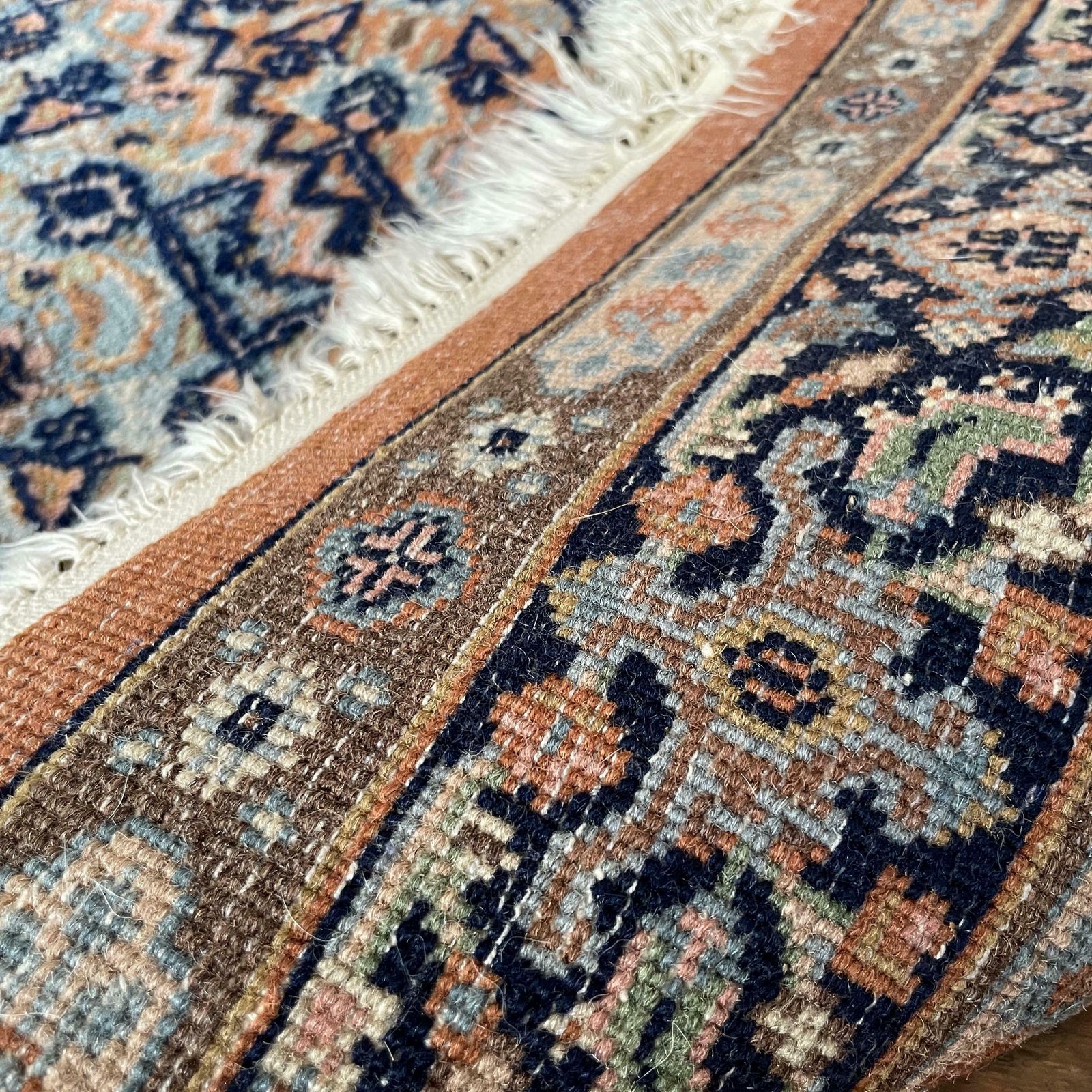 Antique Woven Rug Carpet Mat Handmade Rectangle Wool Vintage Textile Patterned Pattern Tassels Cottage 124x199cm Blue Burnt Orange photo vintage