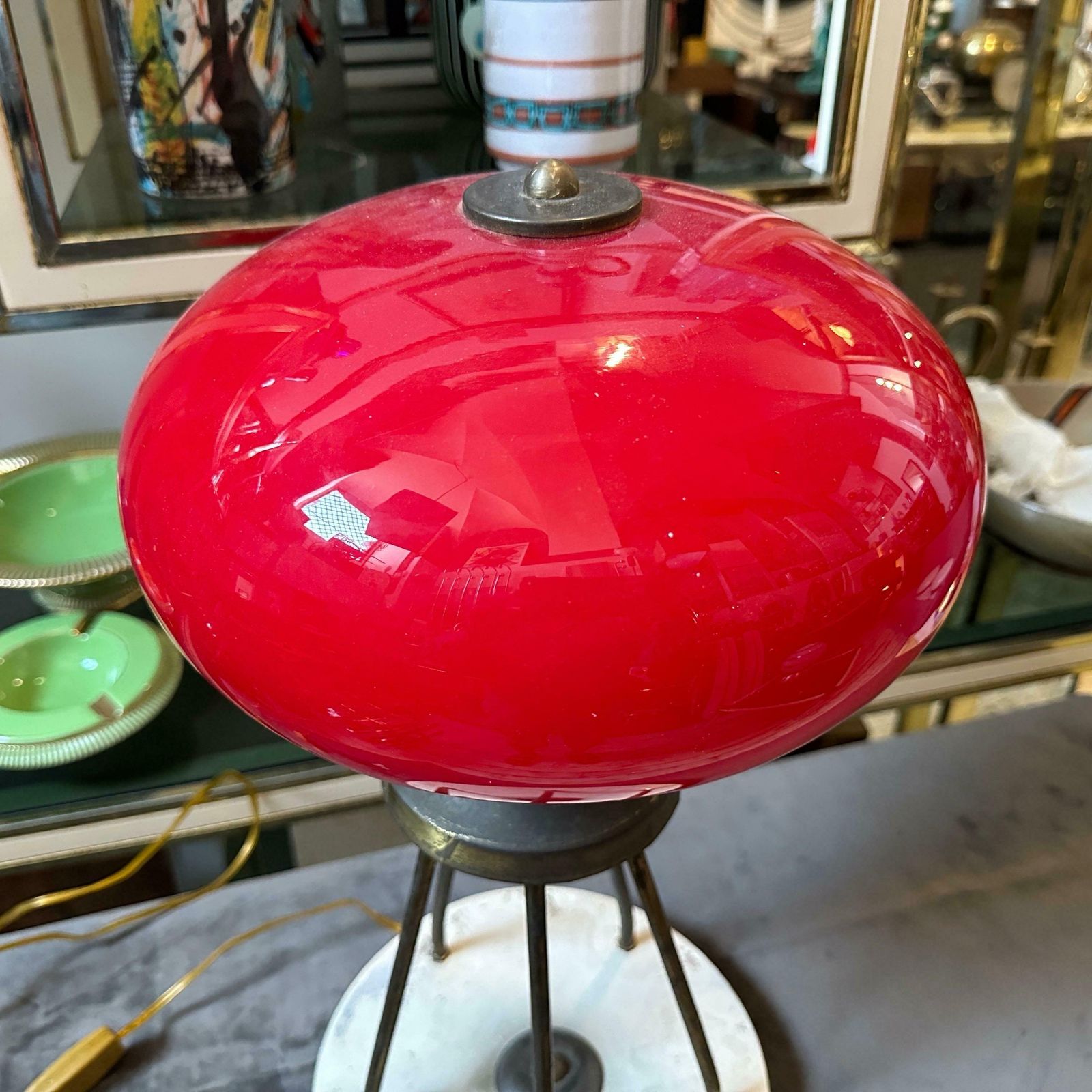 photo for sale 1950s Stylish Mid Century Modern Brass And Red Glass Italian Table Lamp