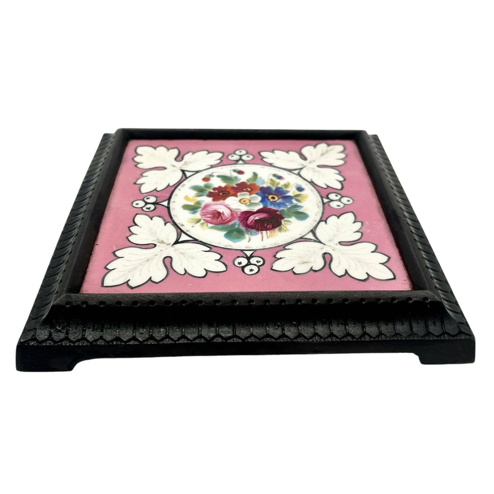 Antique Victorian English Cast Iron Hand Painted Tiled Tea Pot Stand   Hot Plate Stand   Vintage Kitchenalia