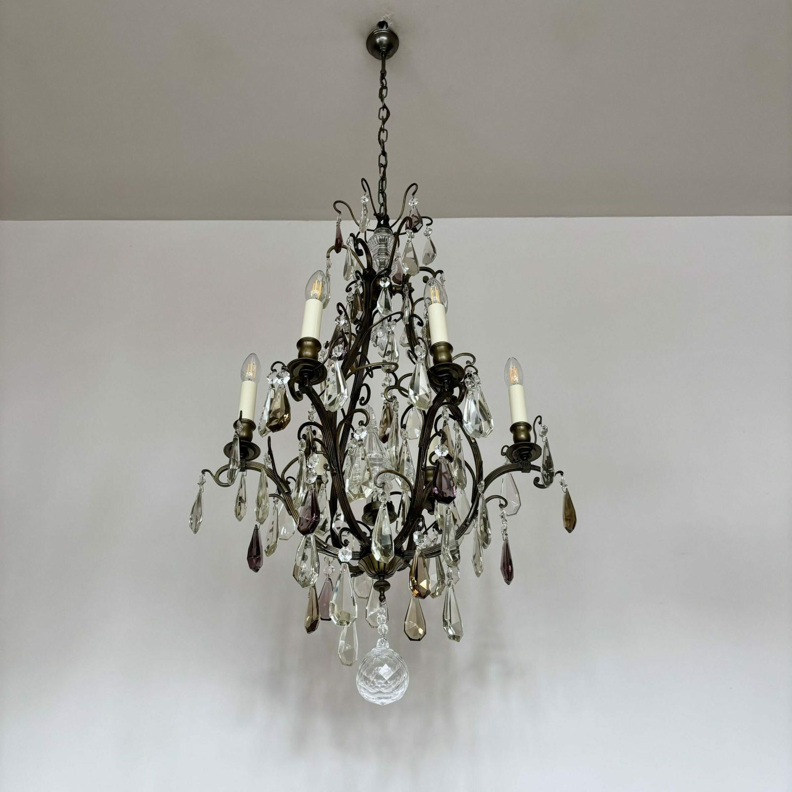 Large French Brass Birdcage Chandelier With Smokey Crystal Drops photo Lighting