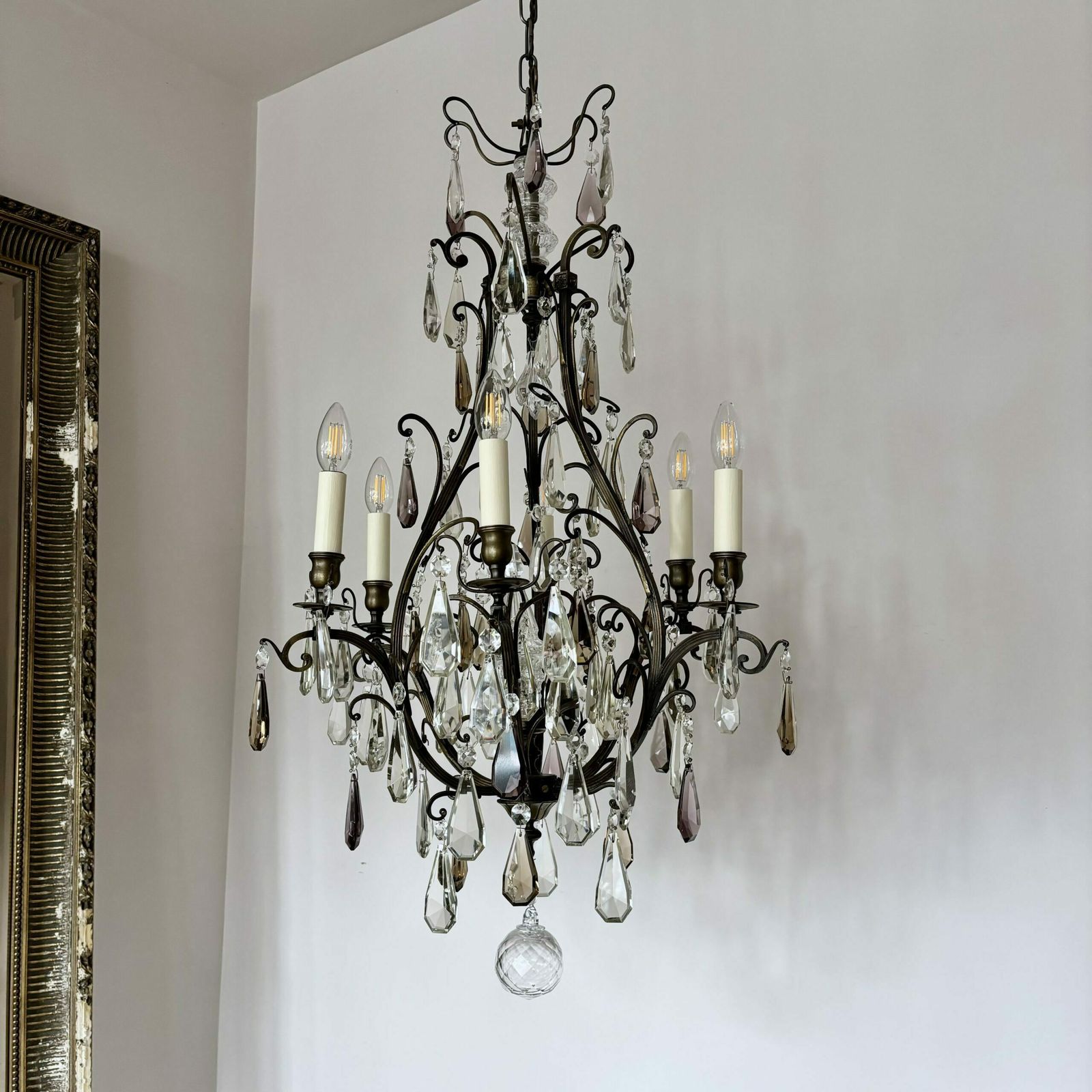 Large French Brass Birdcage Chandelier With Smokey Crystal Drops photo 1895.0