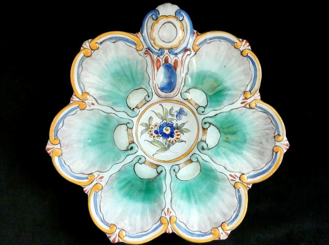 Antiek Frans Saint Clément Oesterbord – Oranje Blauw Majolica Keramiek – Zeldzaam Vintage Aardewerk – 19e Eeuw