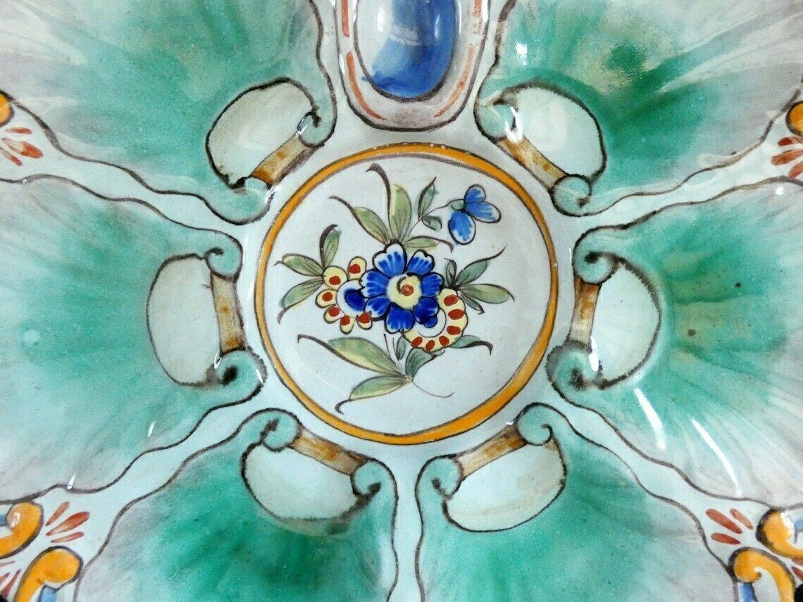 Antiek Frans Saint Clément Oesterbord – Oranje Blauw Majolica Keramiek – Zeldzaam Vintage Aardewerk – 19e Eeuw photo buy