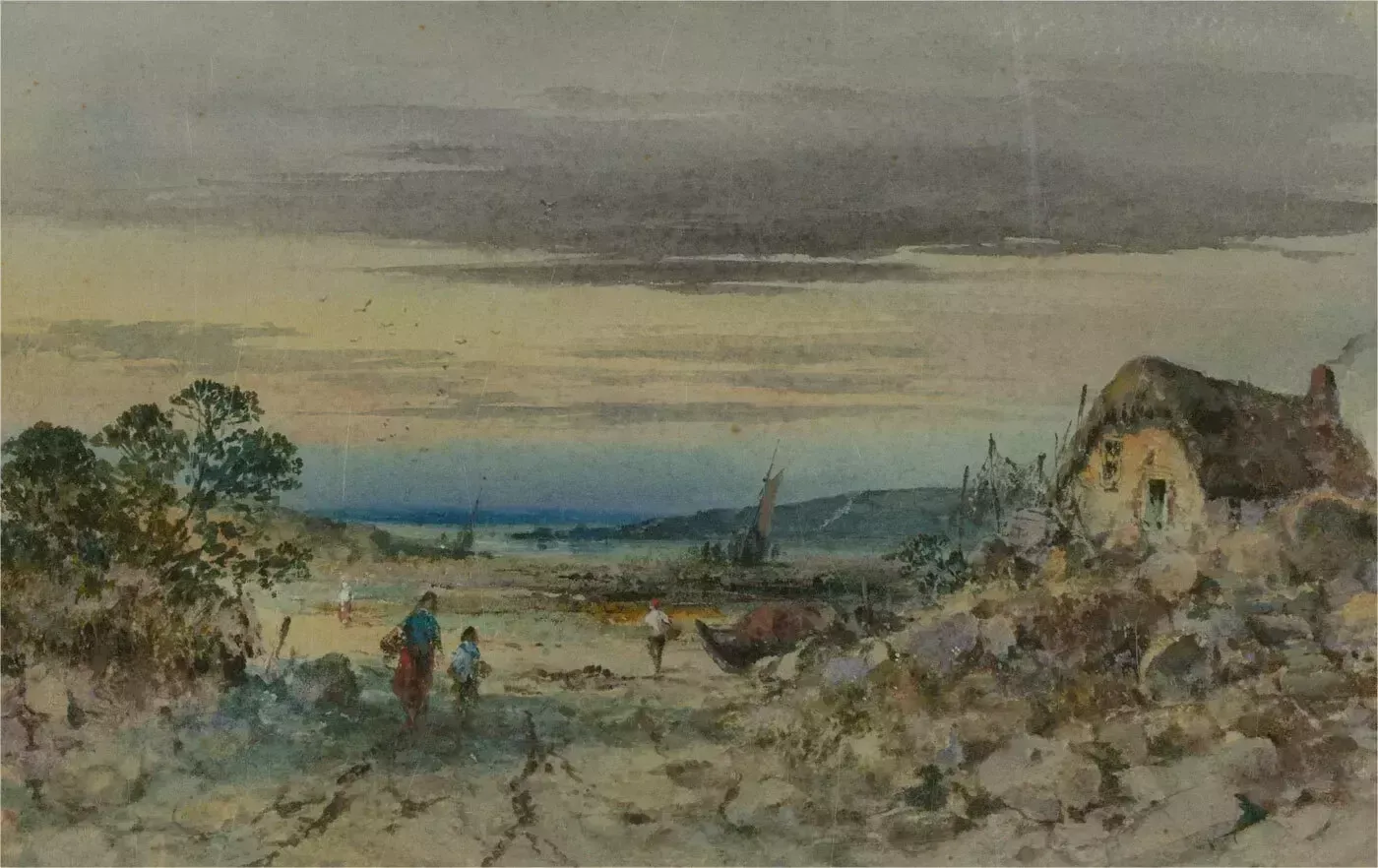 Mid 20th Century Watercolour   Fishing Town Scene With Figures photo furniture