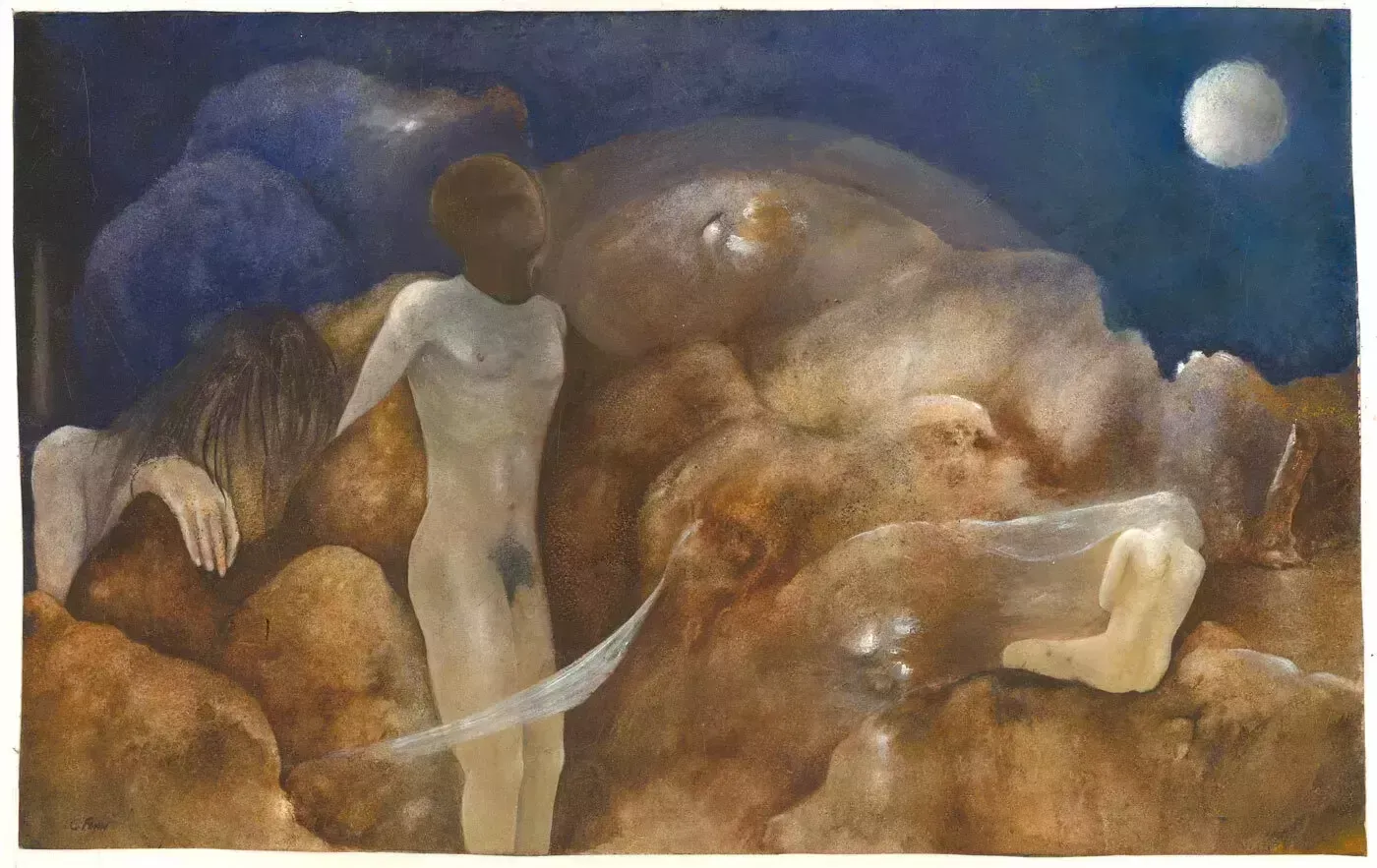 C. Finn   20th Century Watercolour, Surreal Figures photo furniture