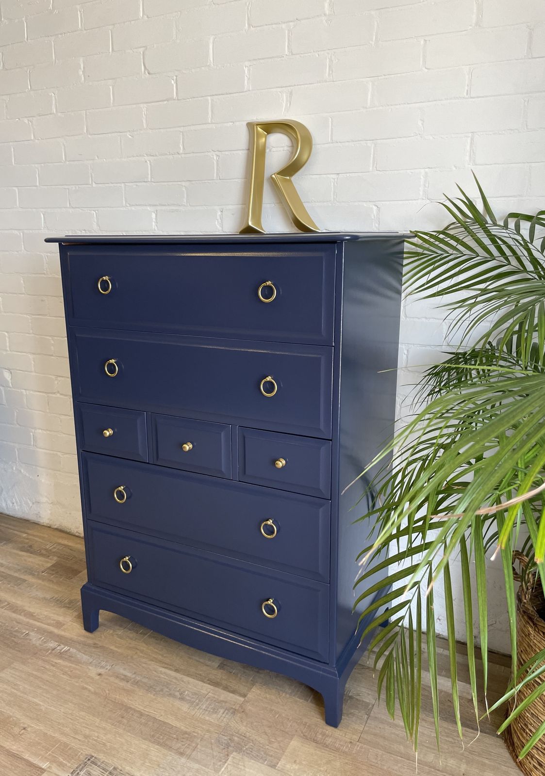 Stag Minstrel Tallboy Chest Of Drawers Painted Navy Blue photo for sale