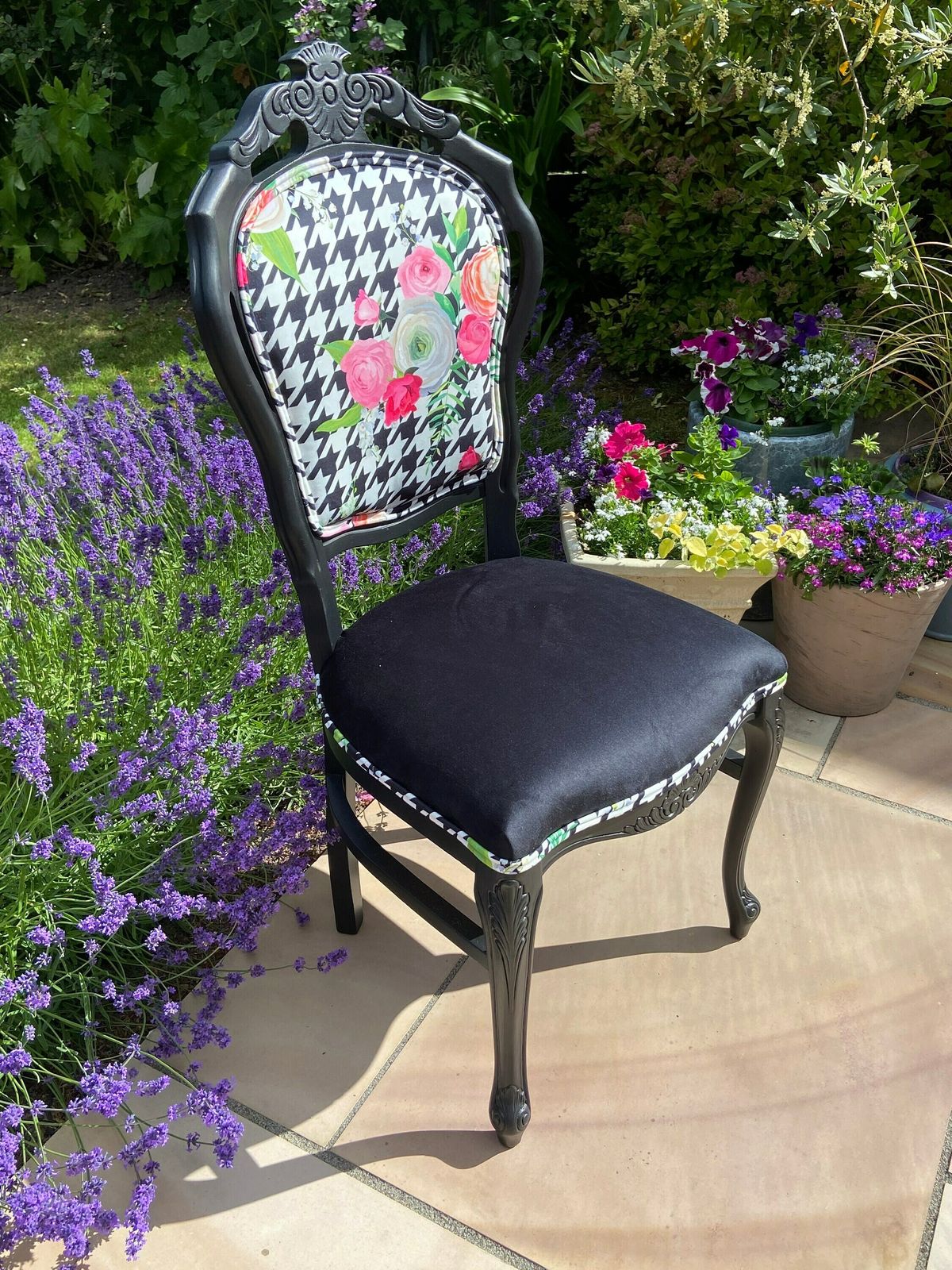 Floral Bespoke Statement Luxury Velvet Chair, Accent Side French Style Chair, Upholstered Refurbished Chair photo vinterior