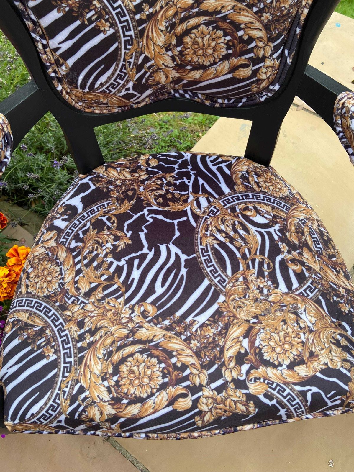 Zebra Velvet Print Vintage Chair, Rococo Style Bespoke Accent Arm Chair, Quirky Eclectic Print Chair photo furniture