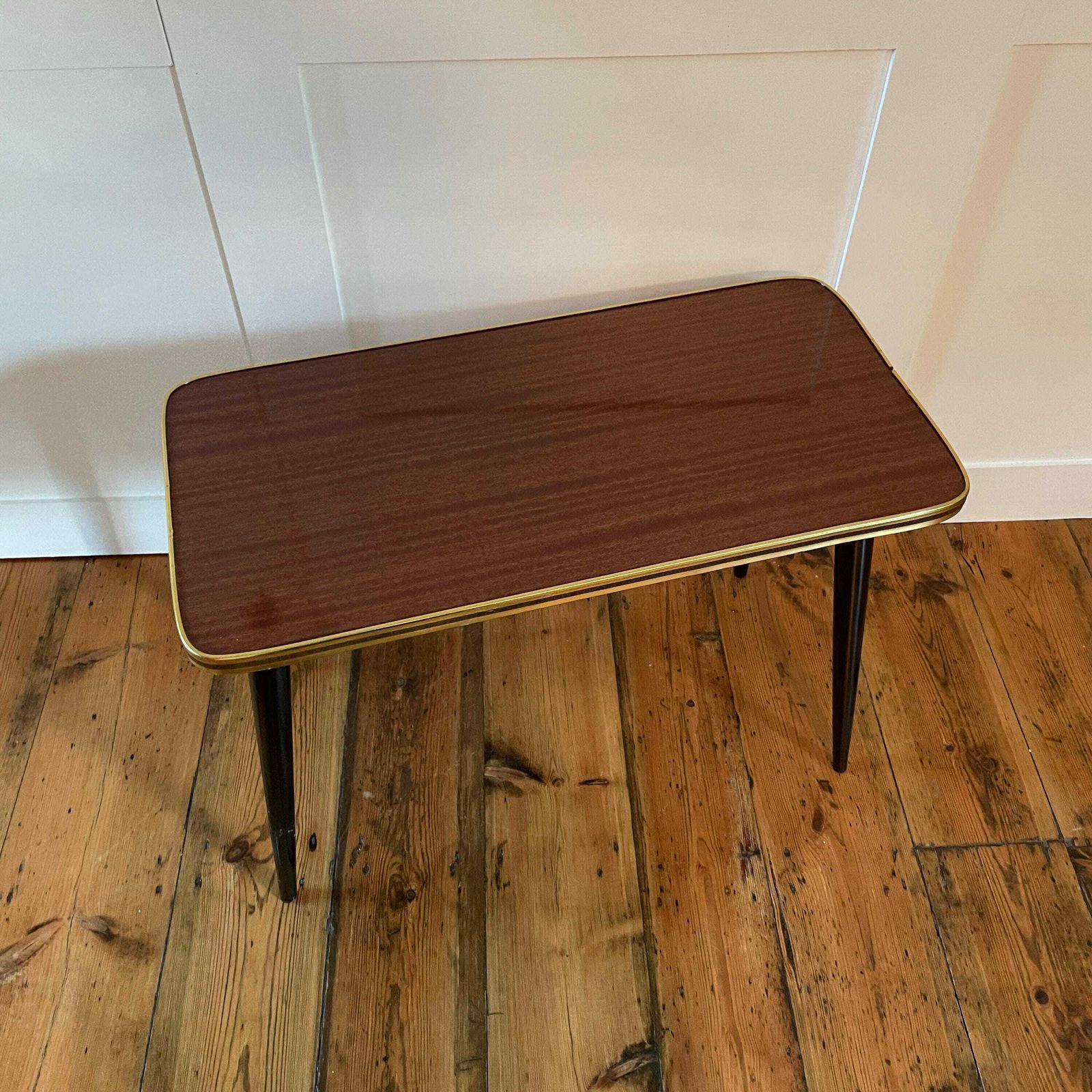 Vintage Retro Wooden Table Rectangle Wood Side Boho Coffee Living Room Retro Lounge Black Pin Legs Gold Edge Plywood Brown photo 75.0