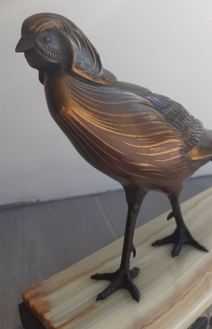 Fine Antique Art Deco Spelter Polychrome Lustrous Pheasant Figure Marble Base photo vinterior