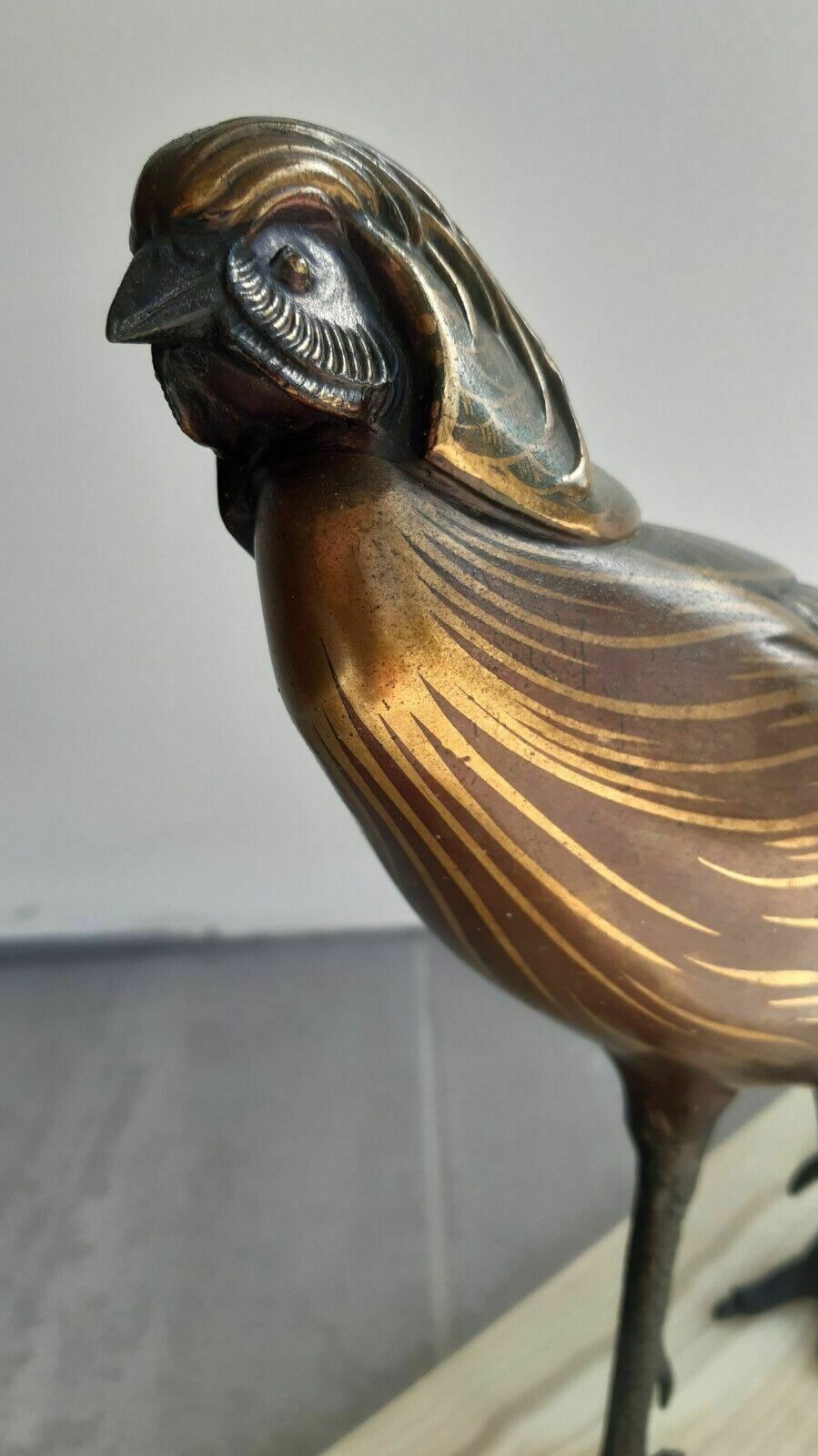 photo for sale Fine Antique Art Deco Spelter Polychrome Lustrous Pheasant Figure Marble Base