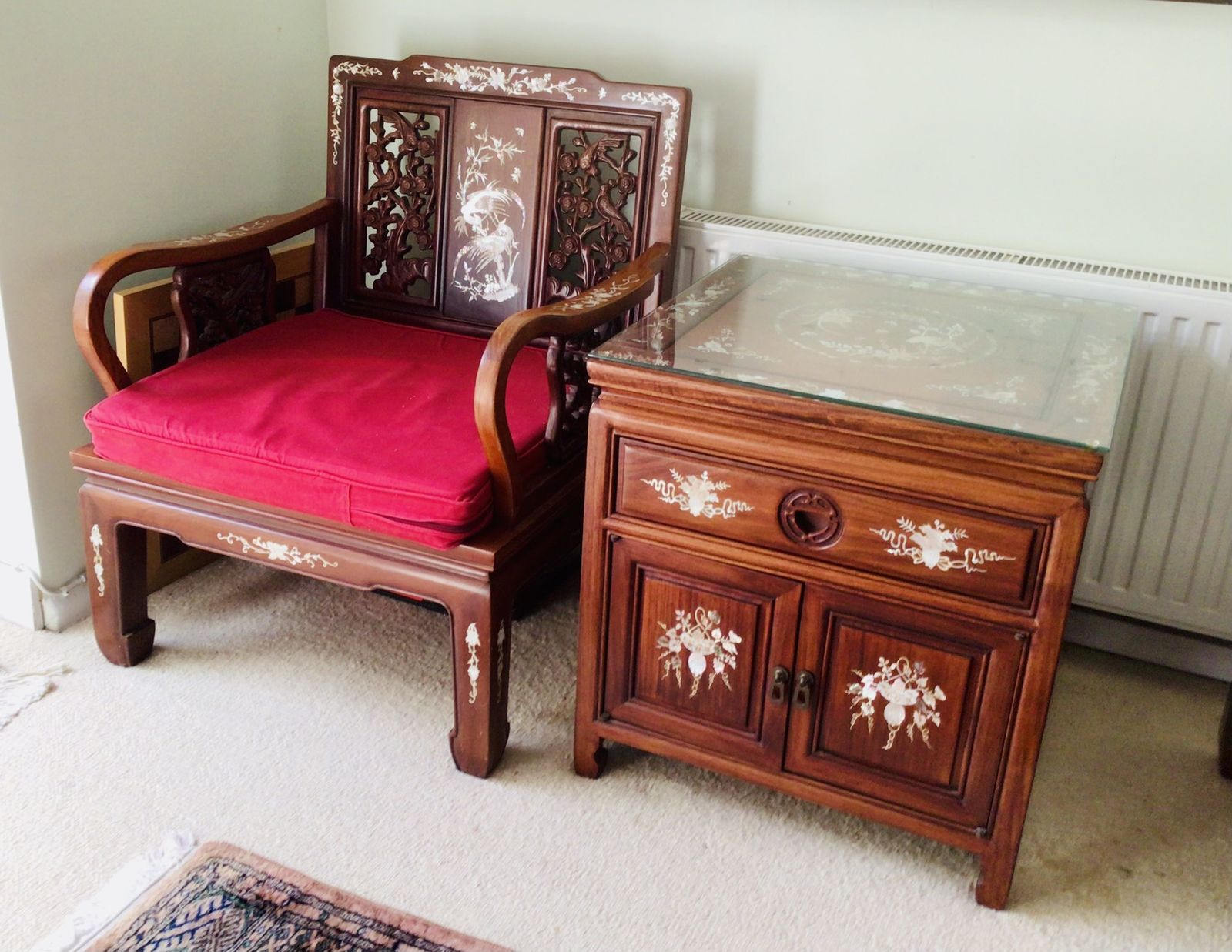 Rosewood And Mother Of Pearl Inlay Set,  7 Pieces Comprising 3 Seater Wooden Sofa, 4 Matching Chairs,  2 Side Cabinets, .