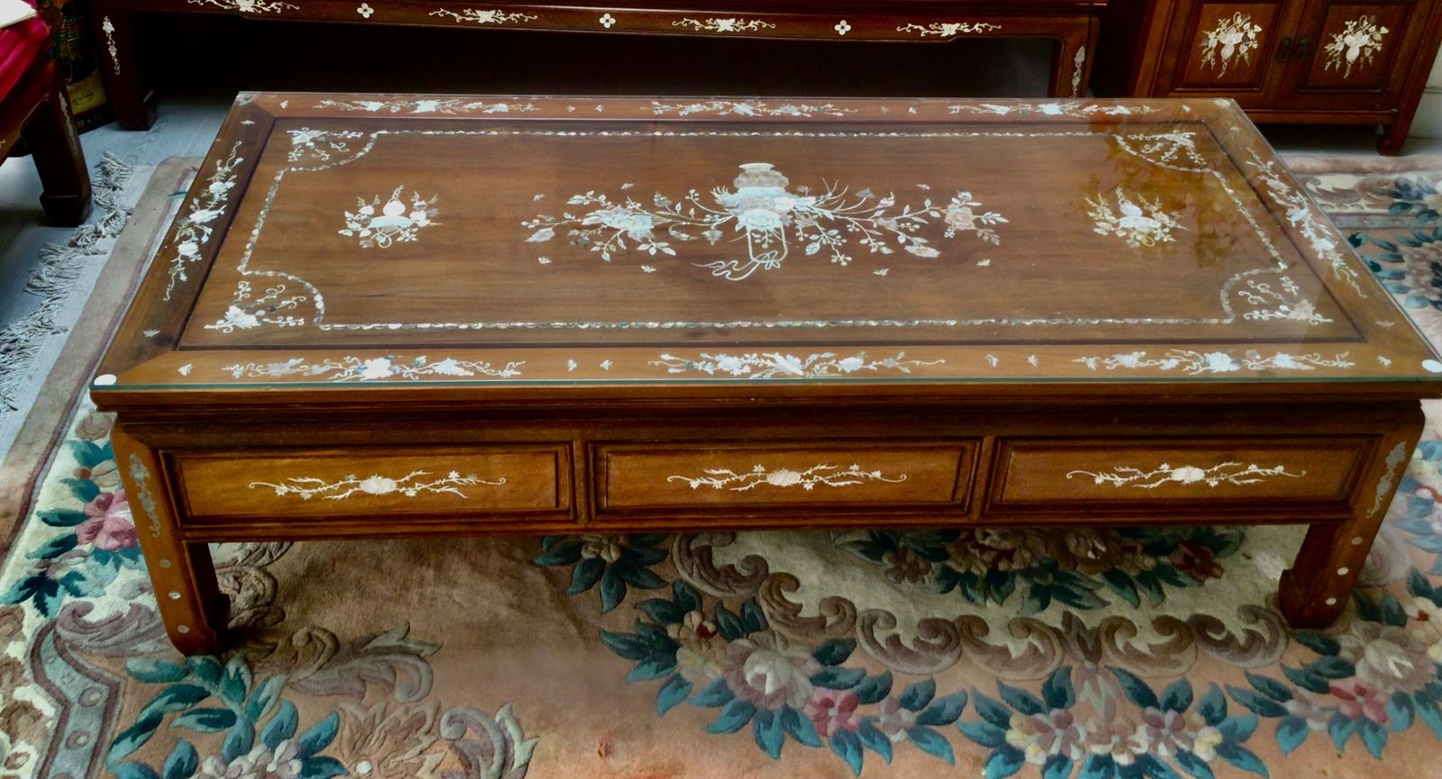 Rosewood And Mother Of Pearl Inlay Set,  7 Pieces Comprising 3 Seater Wooden Sofa, 4 Matching Chairs,  2 Side Cabinets, . photo furniture