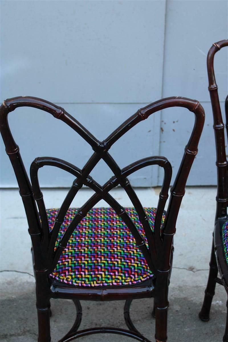 Set Of Wooden Chairs Carved In Bamboo Fabric Missoni Italia 1960s photo vintage