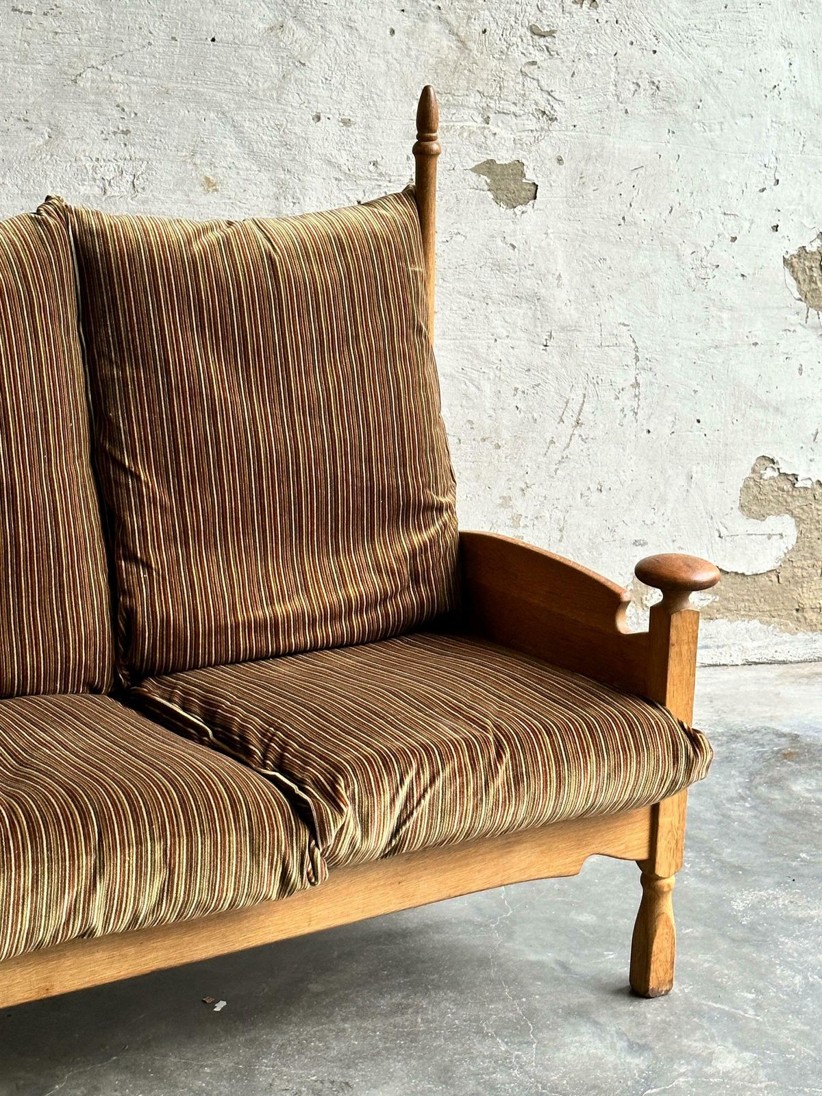1950s Guillerme Et Chambron Inspired Brutalist Oak And Velvet Throne Like Sofa   Brutalist 3 Seater   Oak Brutalist Sofa photo furniture