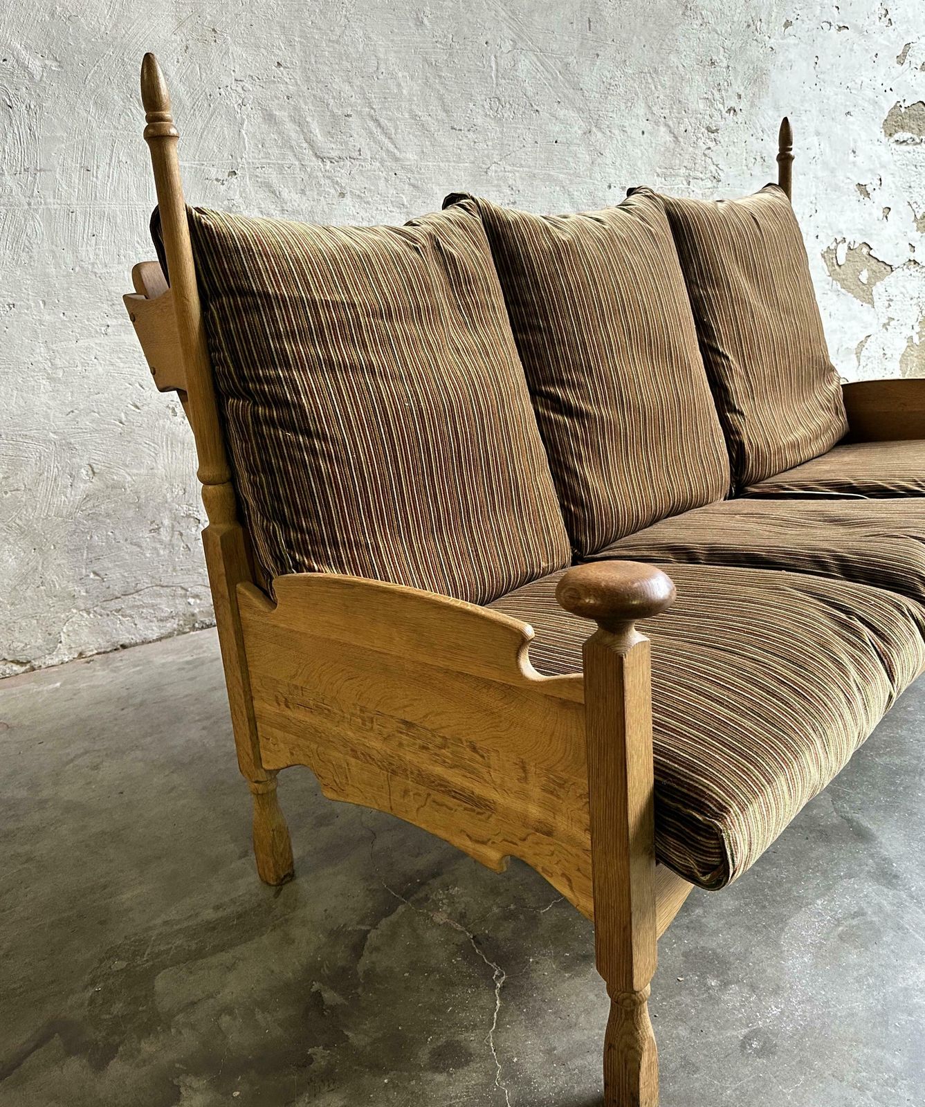 1950s Guillerme Et Chambron Inspired Brutalist Oak And Velvet Throne Like Sofa   Brutalist 3 Seater   Oak Brutalist Sofa photo Furniture