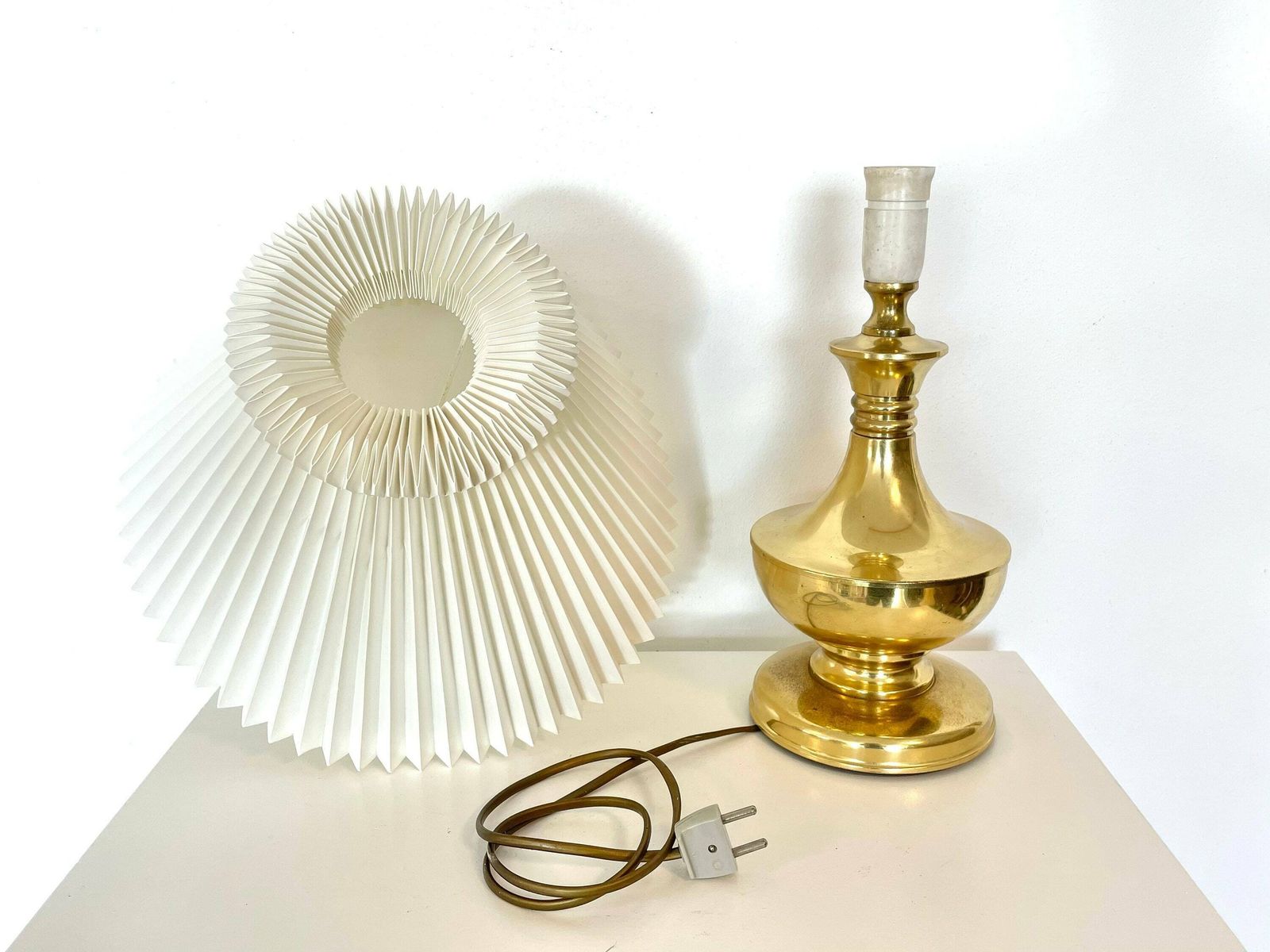 Vintage Danish Mid Century Large Brass “Ms Belysning” Design Table Lamp In Bold Shapes With Original Le Klint White Pleated Shade photo buy