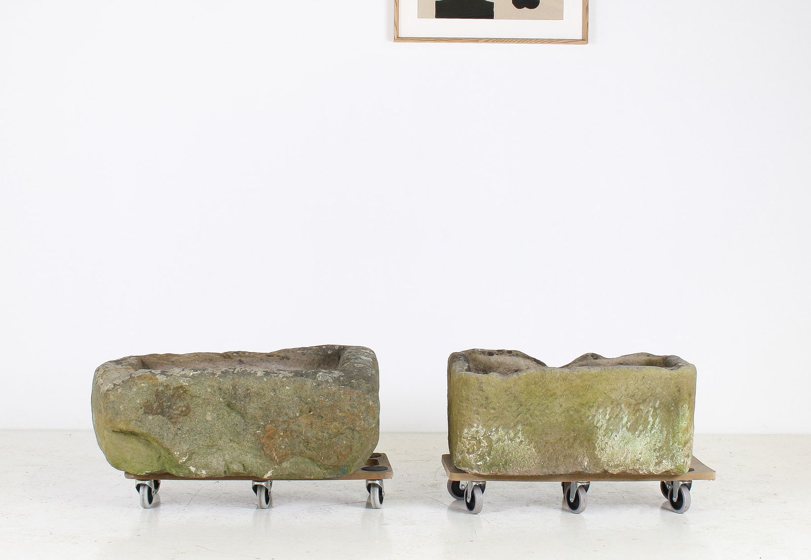 A Primitive Pair Of Stone Trough Garden Planters With Weathered Patina