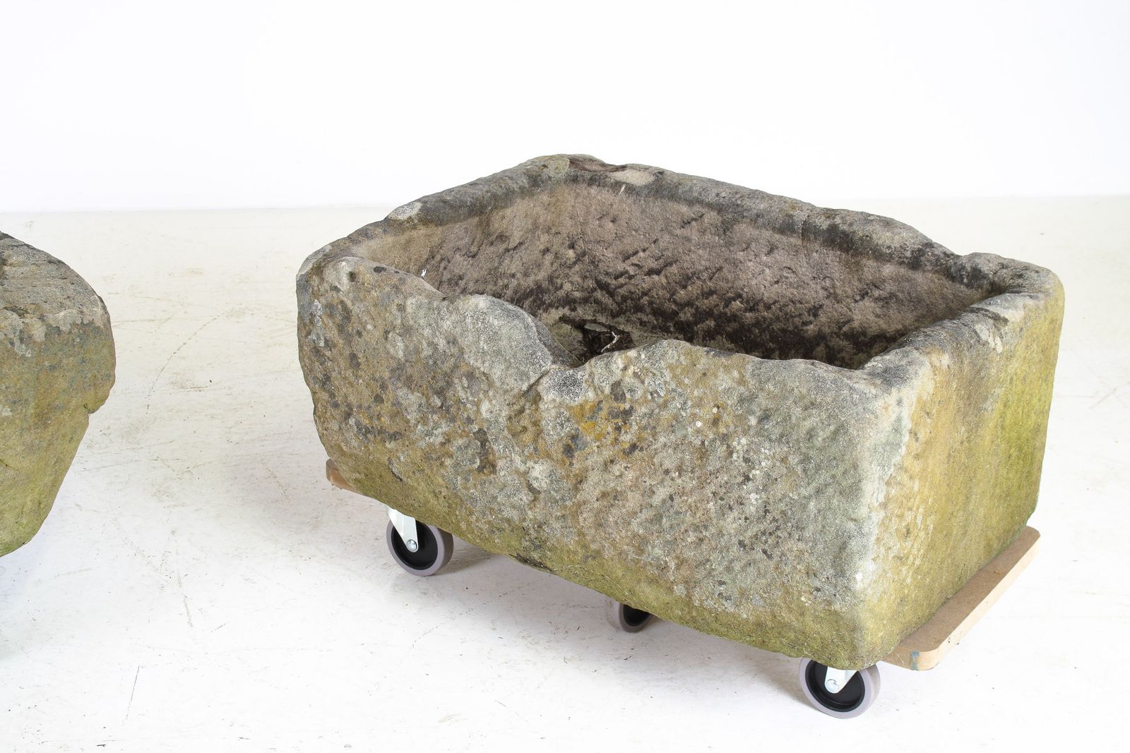 A Primitive Pair Of Stone Trough Garden Planters With Weathered Patina photo vinterior