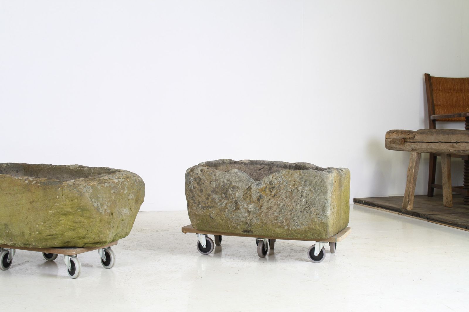 A Primitive Pair Of Stone Trough Garden Planters With Weathered Patina photo vintage