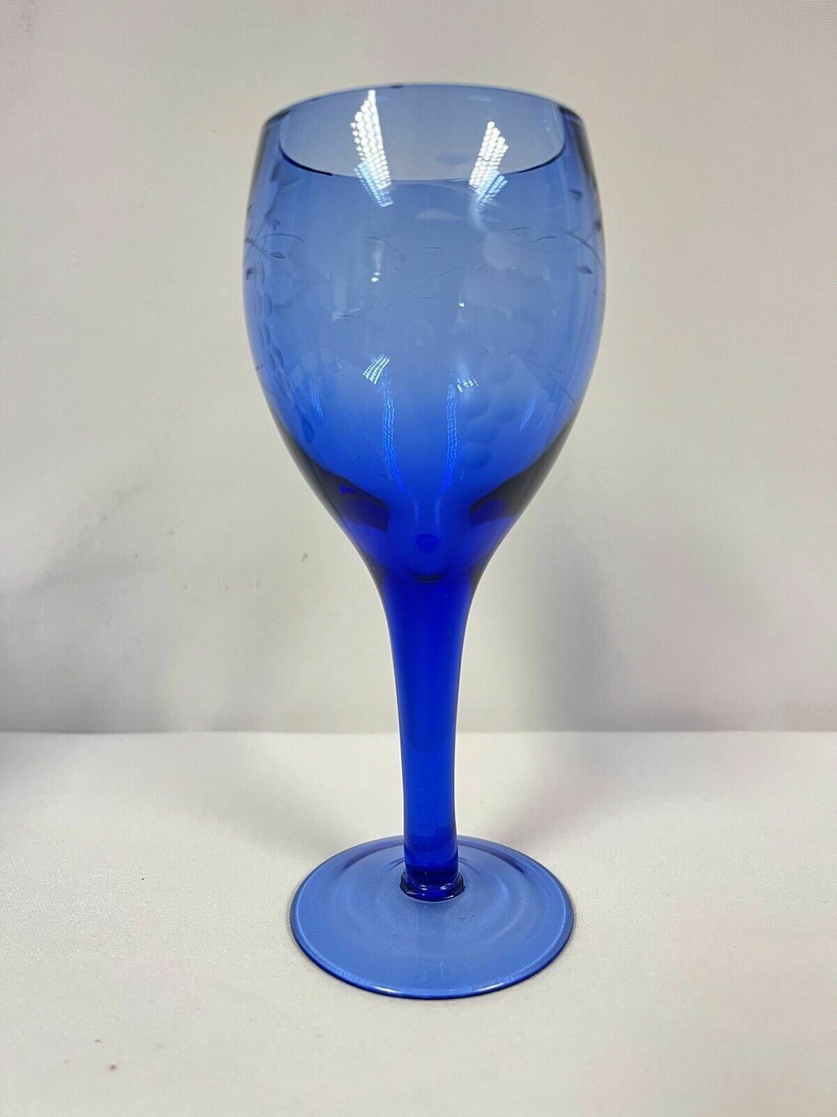 Set Of 8 Vintage Blue Handblown Etched Small Wine Glasses Cocktail Bar photo Home Decor