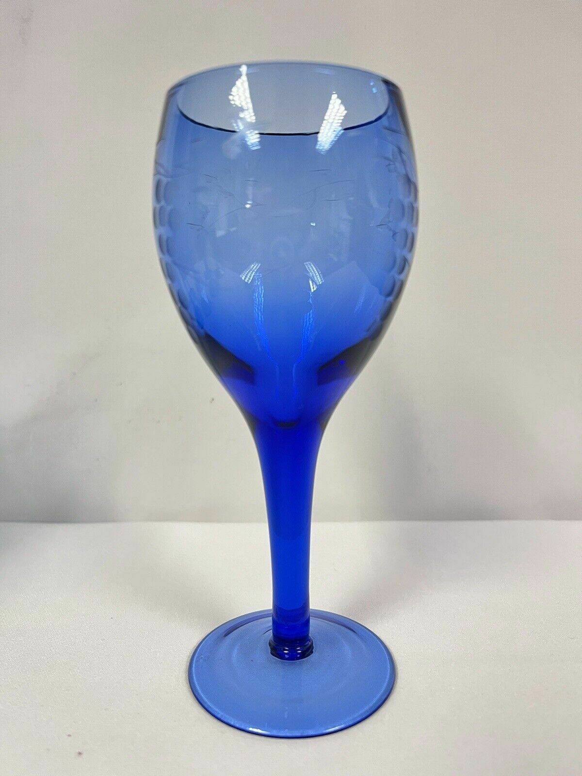 Set Of 8 Vintage Blue Handblown Etched Small Wine Glasses Cocktail Bar photo vinterior