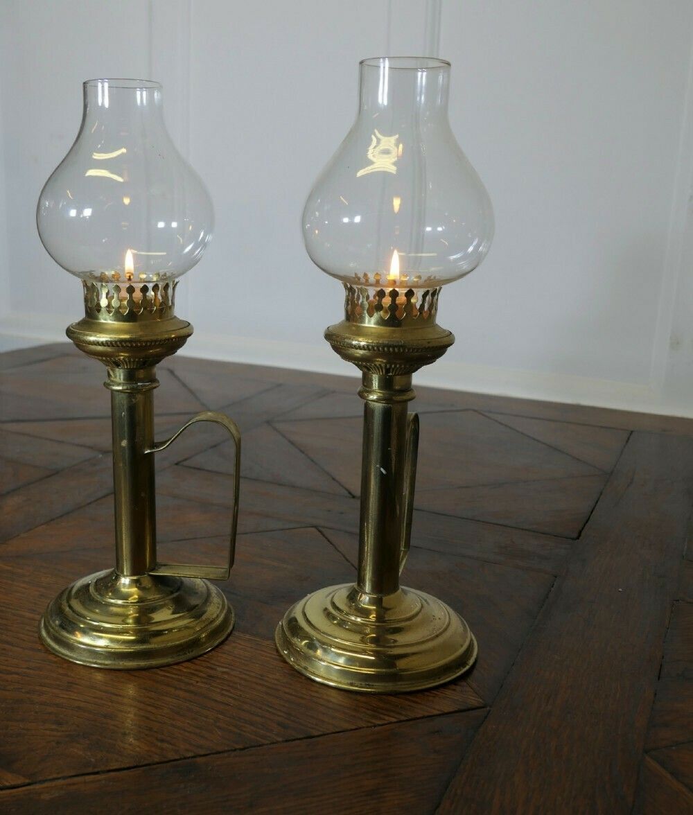 Pair Of Brass Candlesticks With Glass Chimneys photo furniture