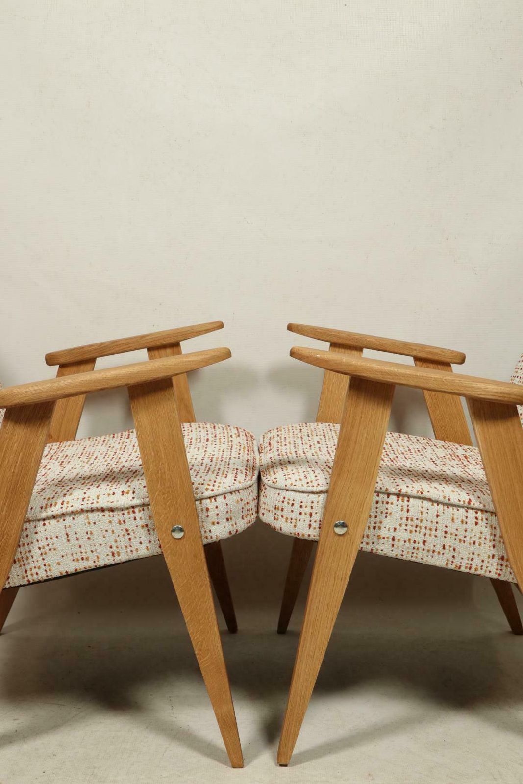 Space Age Armchairs Set Of 2 Oak Wood White Boucle Orange Polka Dots By Chierowski photo furniture