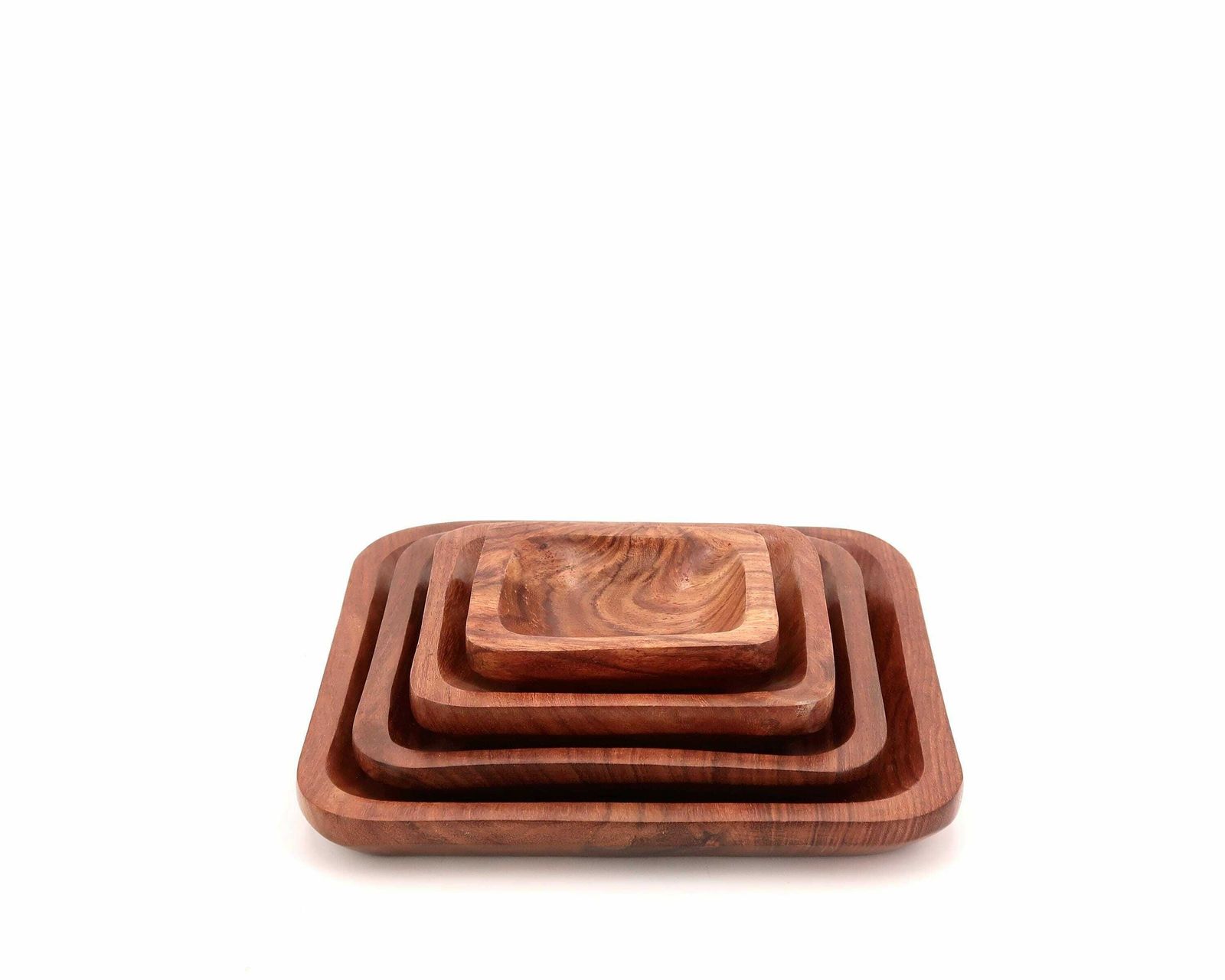 Set Of 4 Wooden Trundle Square Dishes, 1970s / Tray, Ring Dish photo for sale