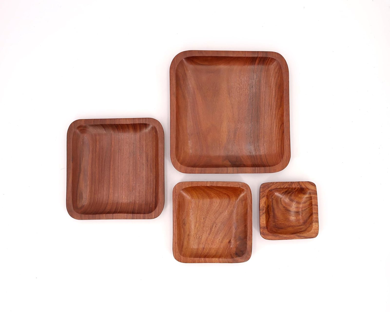 Set Of 4 Wooden Trundle Square Dishes, 1970s / Tray, Ring Dish photo Home Decor