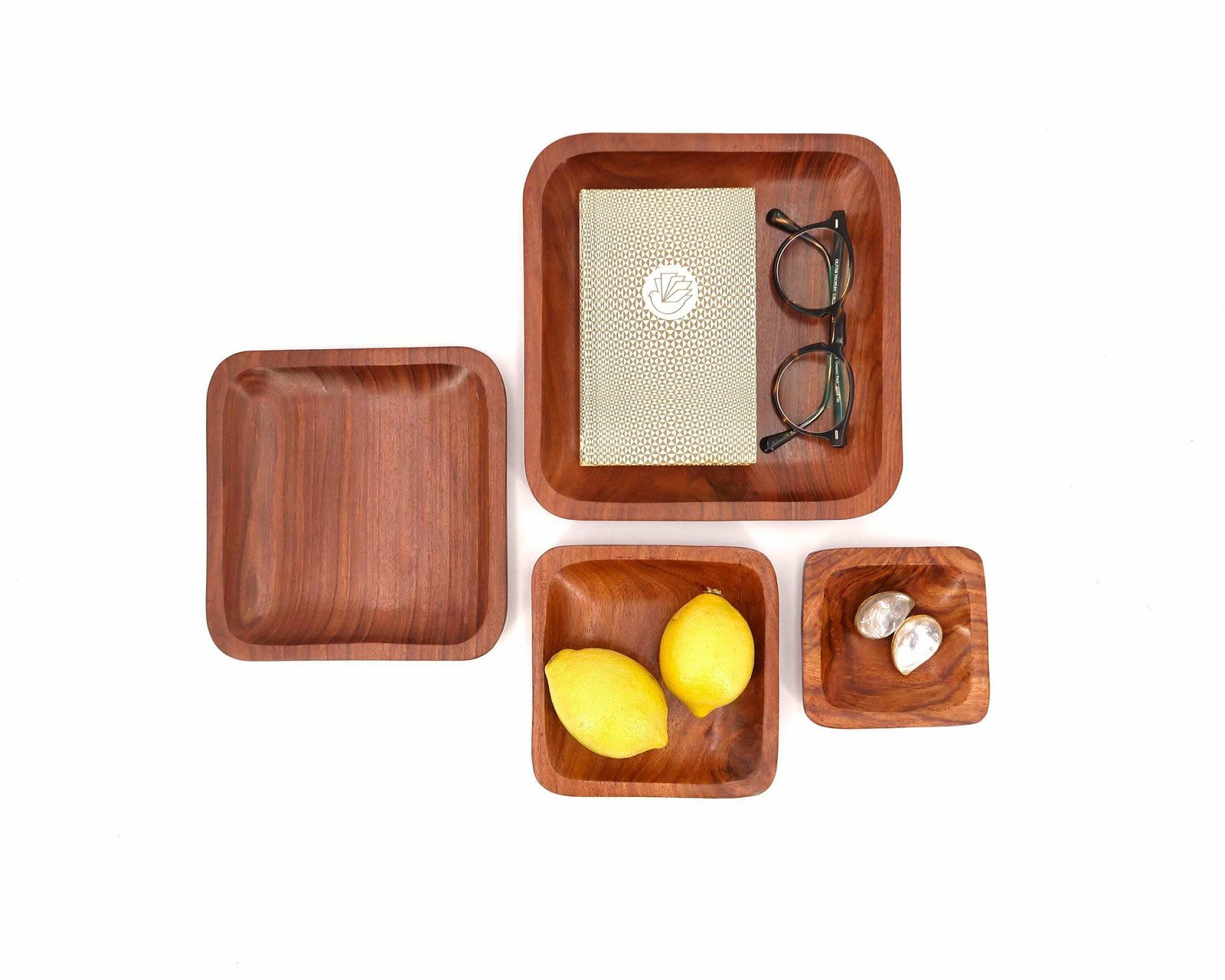 Set Of 4 Wooden Trundle Square Dishes, 1970s / Tray, Ring Dish photo 189.0