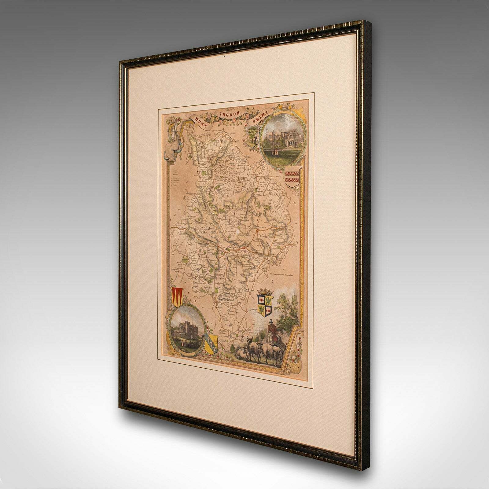 Antique Lithography Map, Huntingdonshire, English, Framed Cartography, Victorian photo for sale