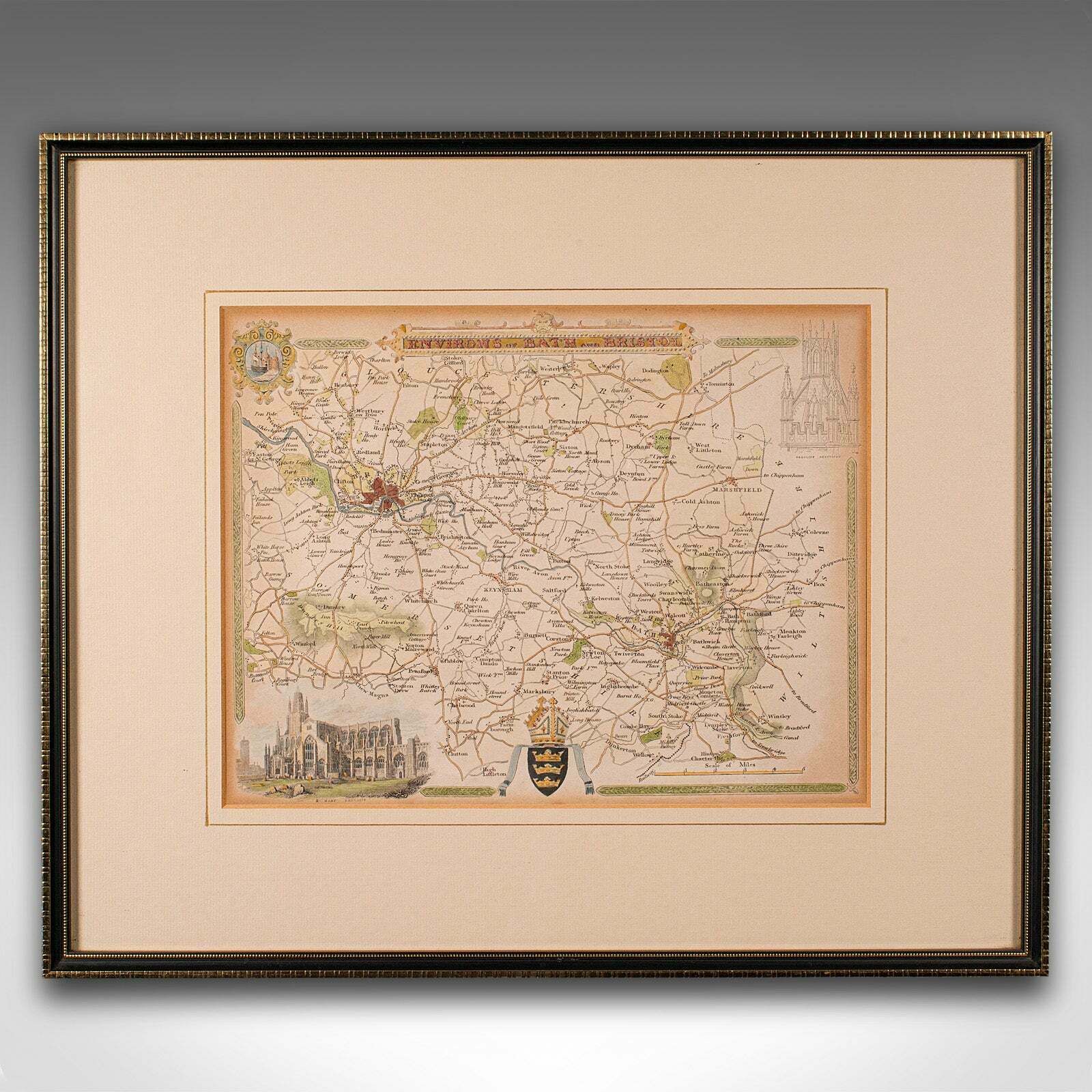 Antique Environs Of Bath & Bristol Map, English, Framed Cartography, Victorian photo furniture