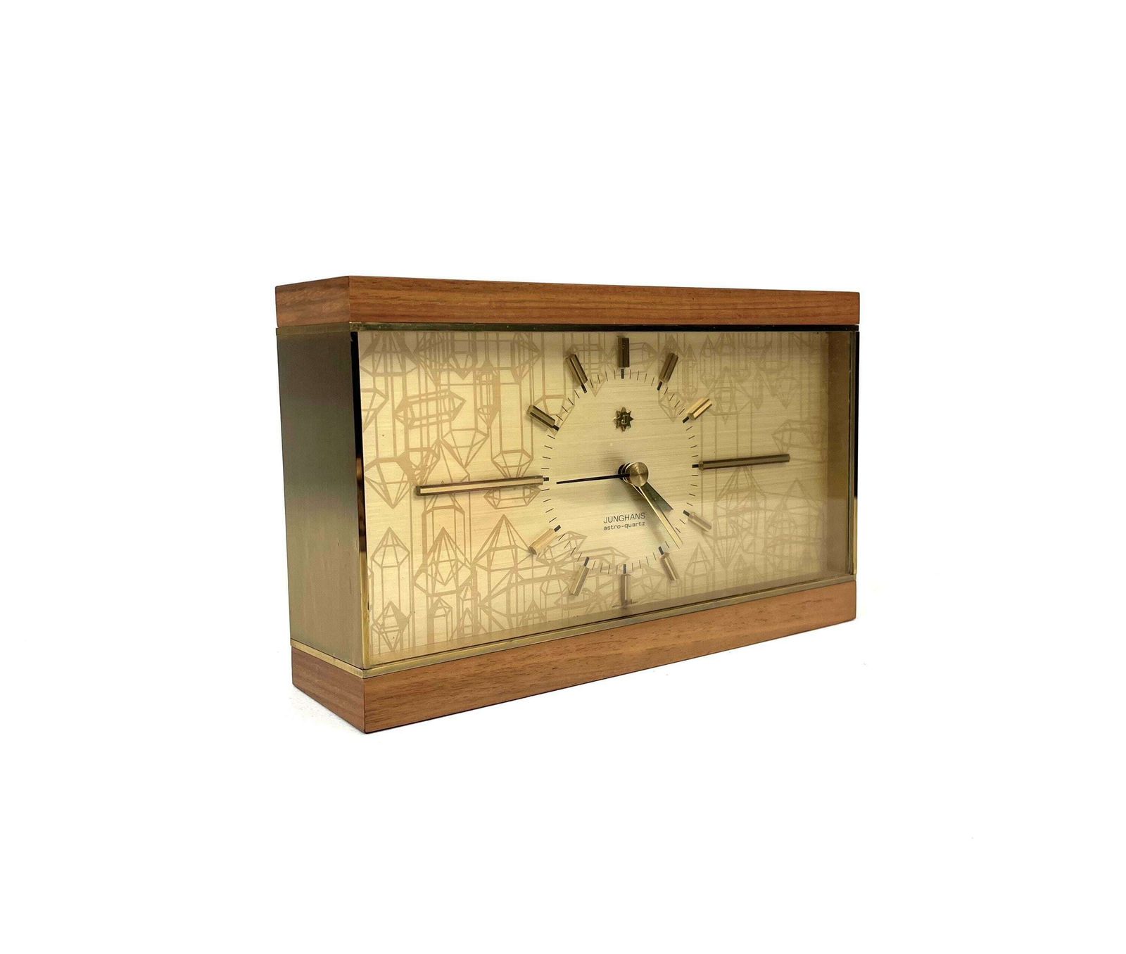 Stunning Mid Century Teak & Brass Desk Clock By Junghans Astro Quartz Germany 1960