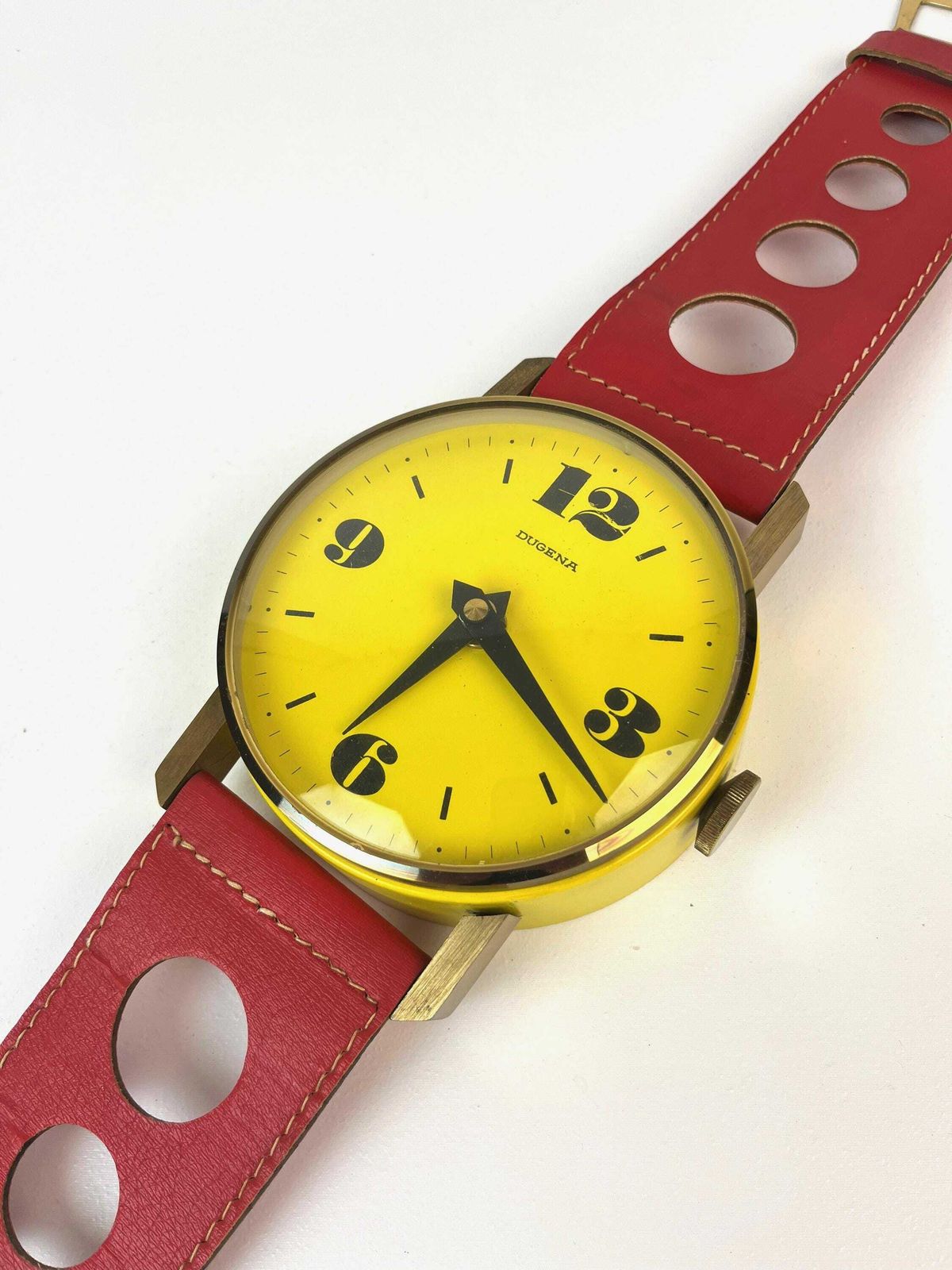 Rare Mid Century Xl Yellow Red 70s Pop Art Wall Clock In Wrist Watch Shape By Dugena photo buy